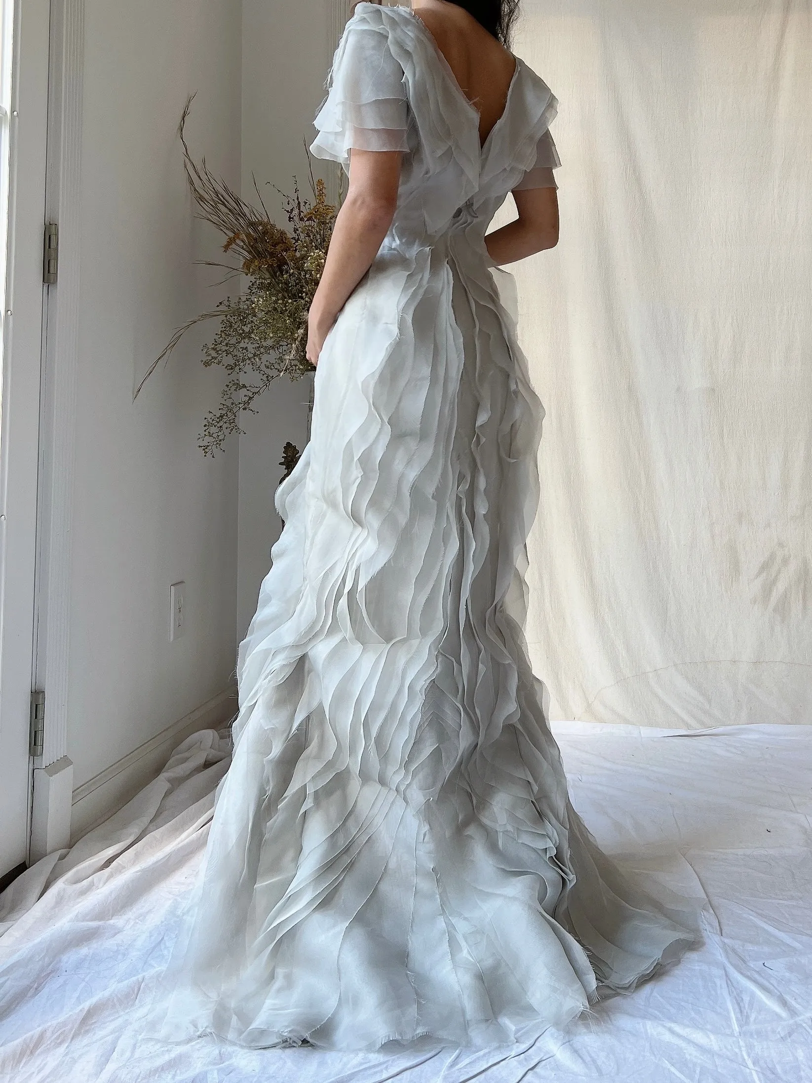 Vintage J. Mendel Smoke Gray Silk Organza Ruffle Gown - M/L 8/10