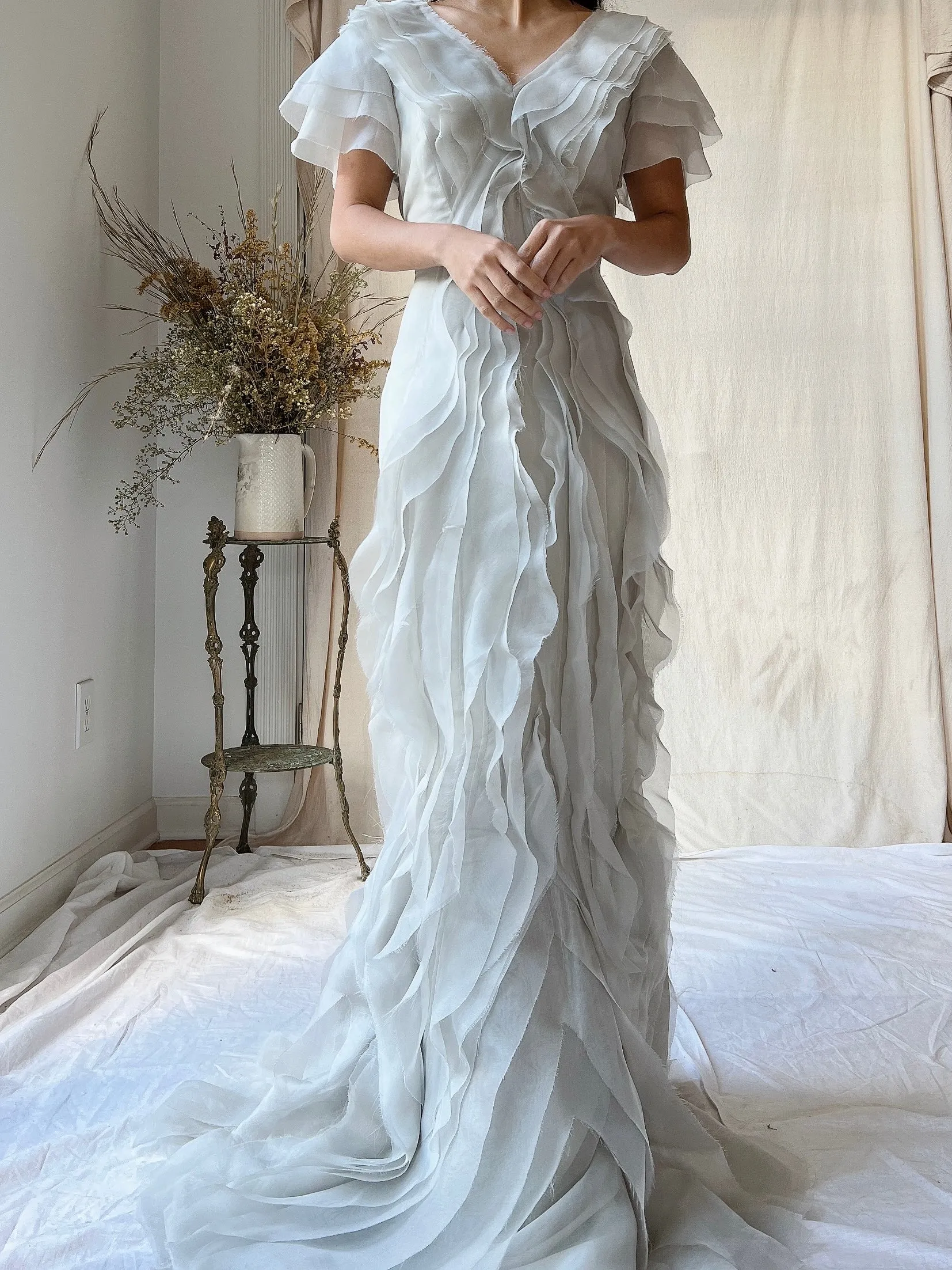 Vintage J. Mendel Smoke Gray Silk Organza Ruffle Gown - M/L 8/10