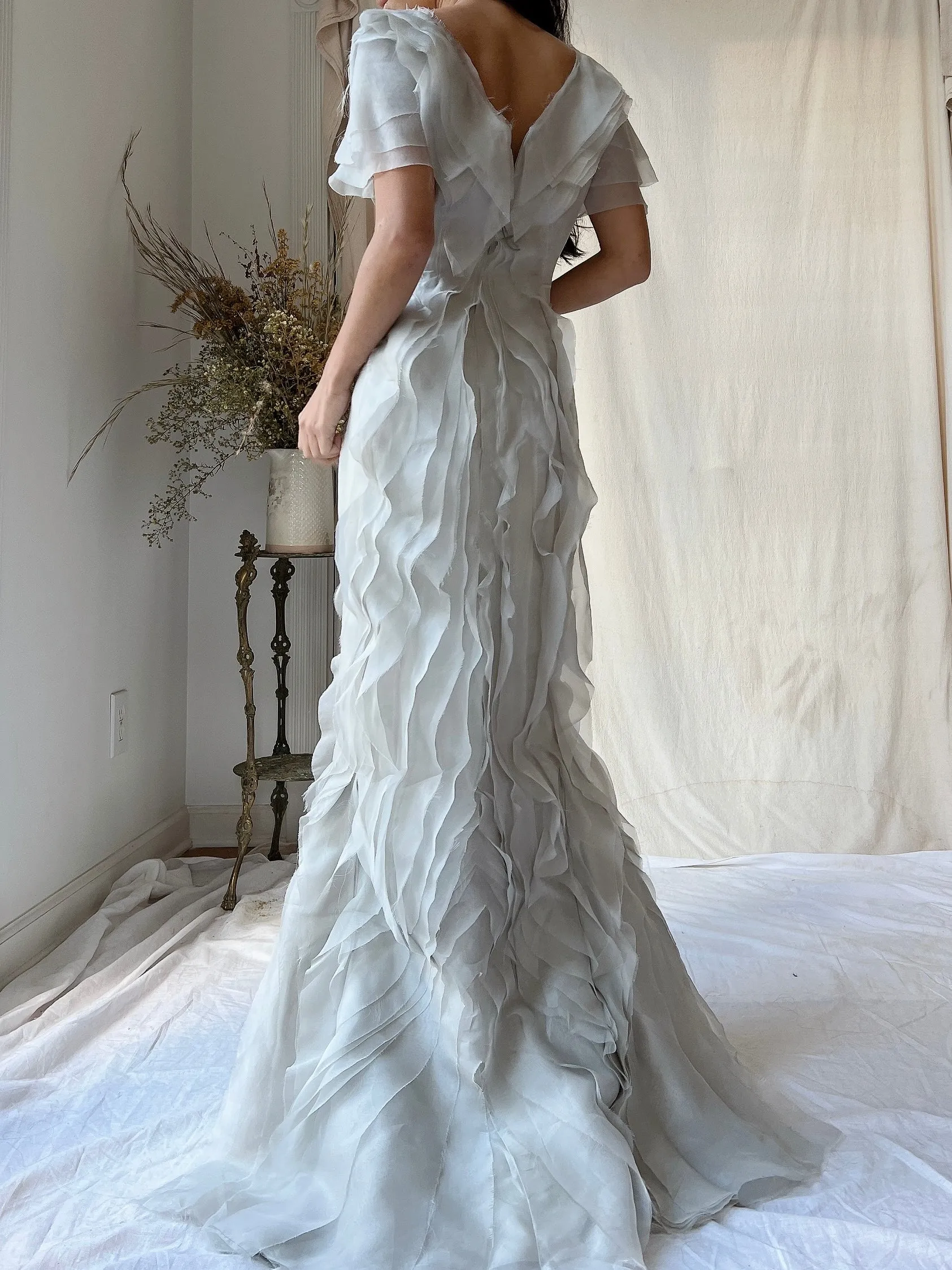 Vintage J. Mendel Smoke Gray Silk Organza Ruffle Gown - M/L 8/10