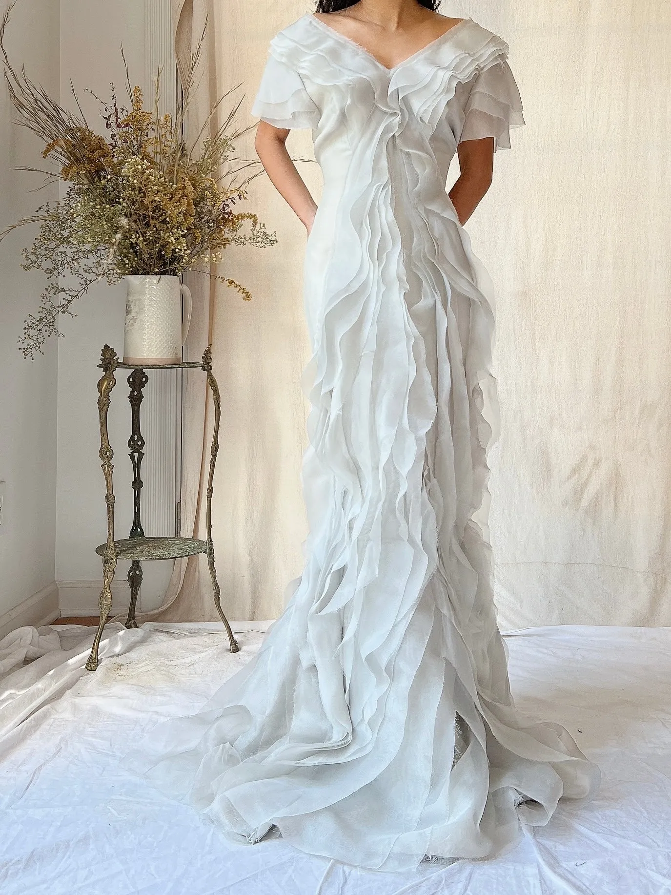 Vintage J. Mendel Smoke Gray Silk Organza Ruffle Gown - M/L 8/10