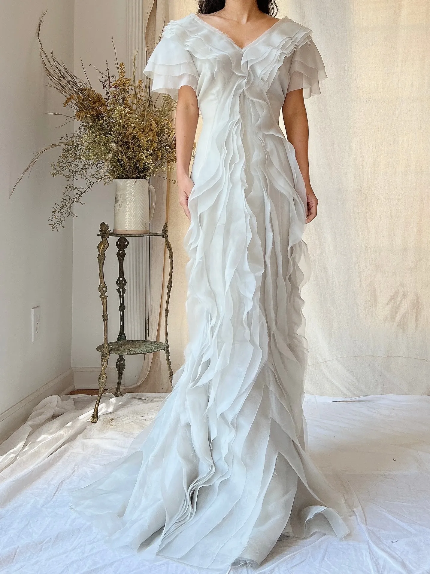 Vintage J. Mendel Smoke Gray Silk Organza Ruffle Gown - M/L 8/10