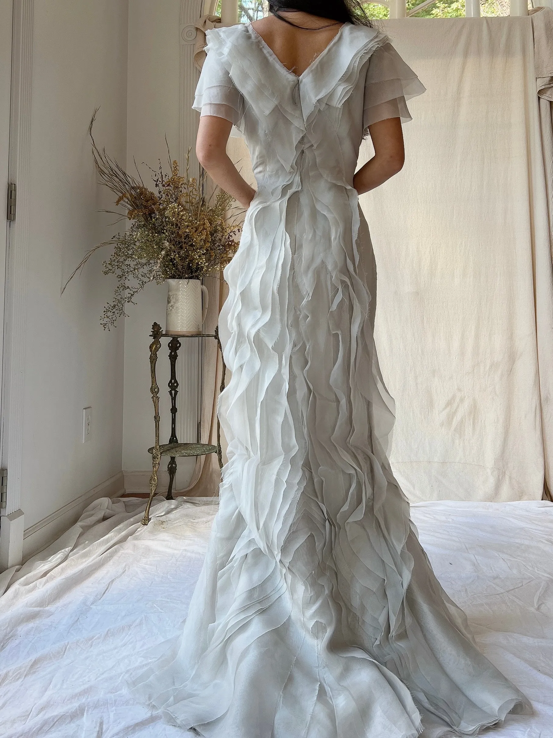 Vintage J. Mendel Smoke Gray Silk Organza Ruffle Gown - M/L 8/10