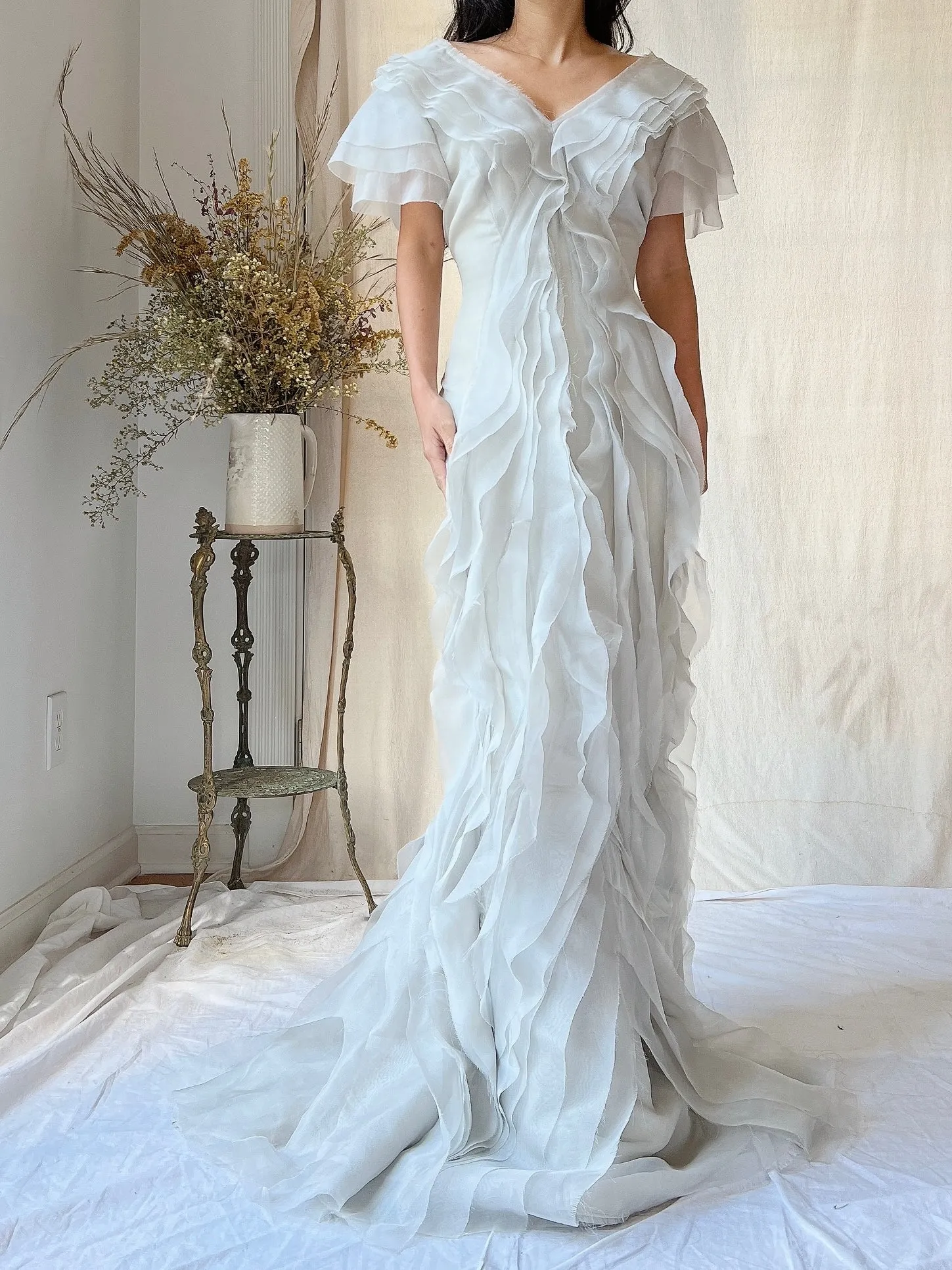 Vintage J. Mendel Smoke Gray Silk Organza Ruffle Gown - M/L 8/10
