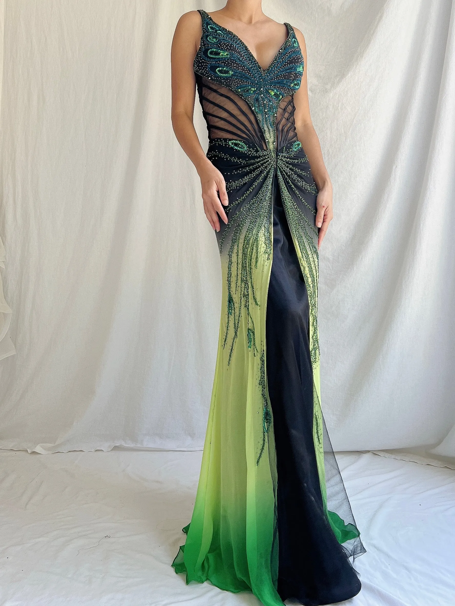 Vintage Ombre Silk Chiffon Mesh Waist Dress - S