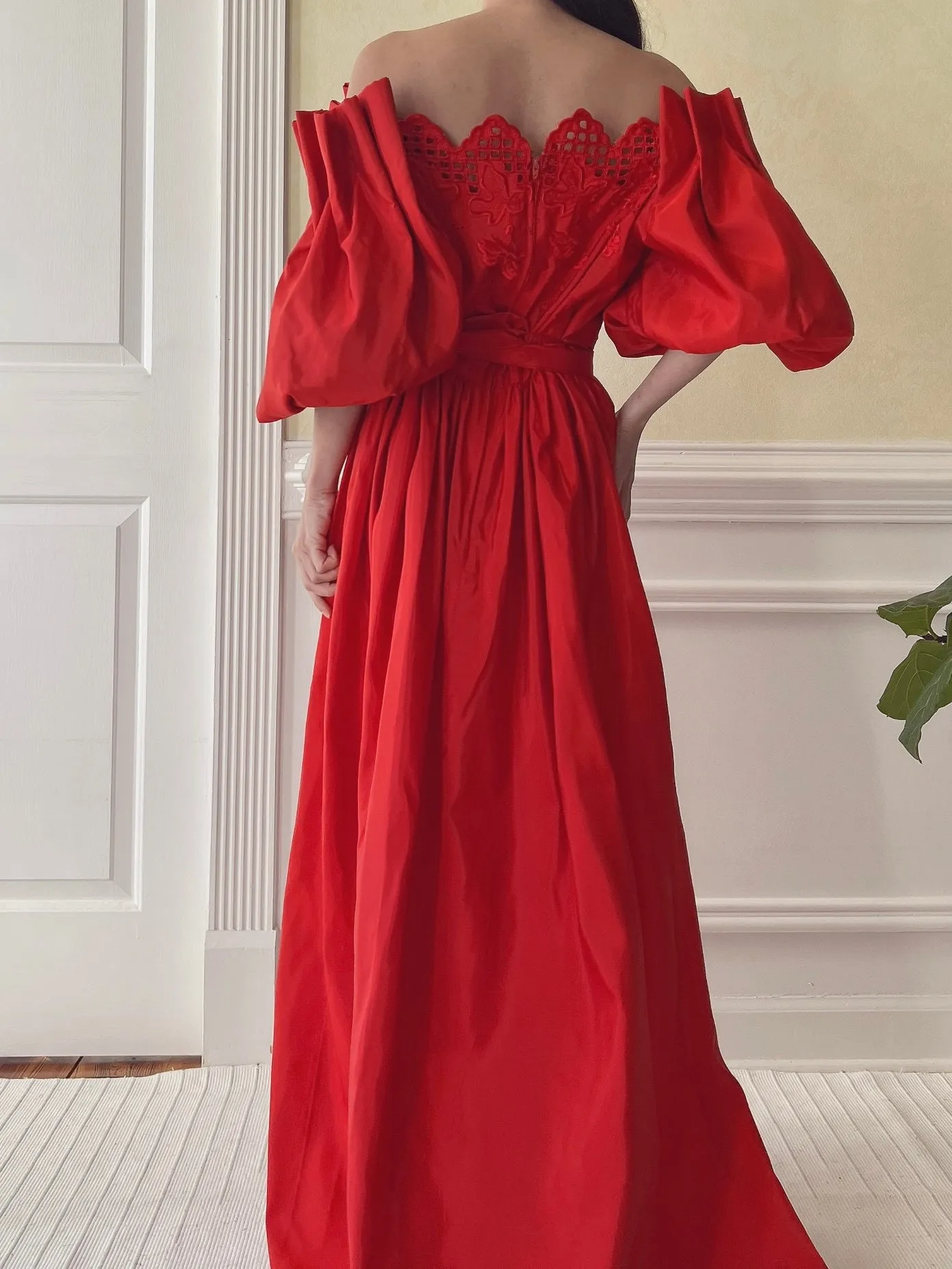 Vintage Red Taffeta Puff Sleeve Dress - S