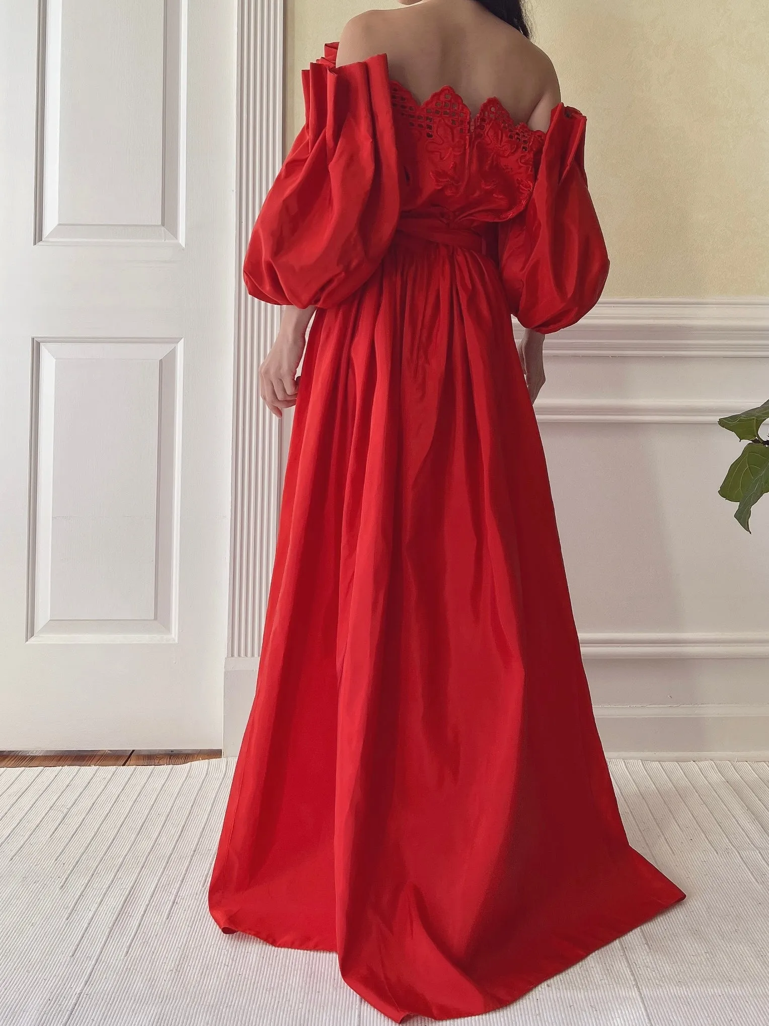 Vintage Red Taffeta Puff Sleeve Dress - S