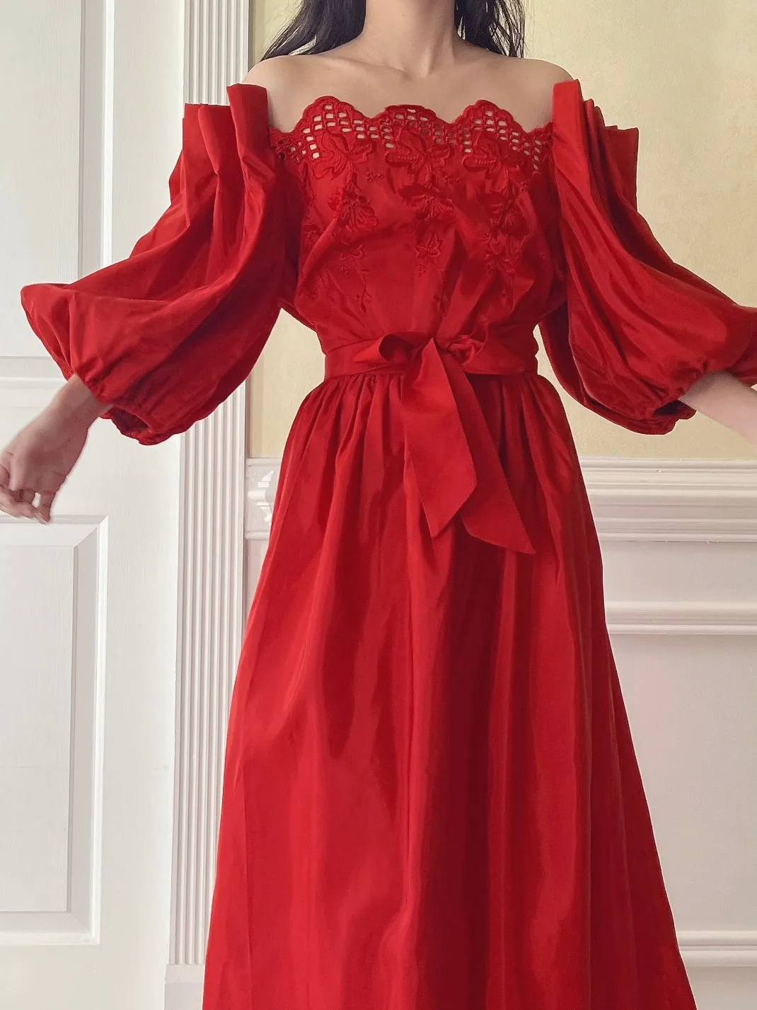 Vintage Red Taffeta Puff Sleeve Dress - S