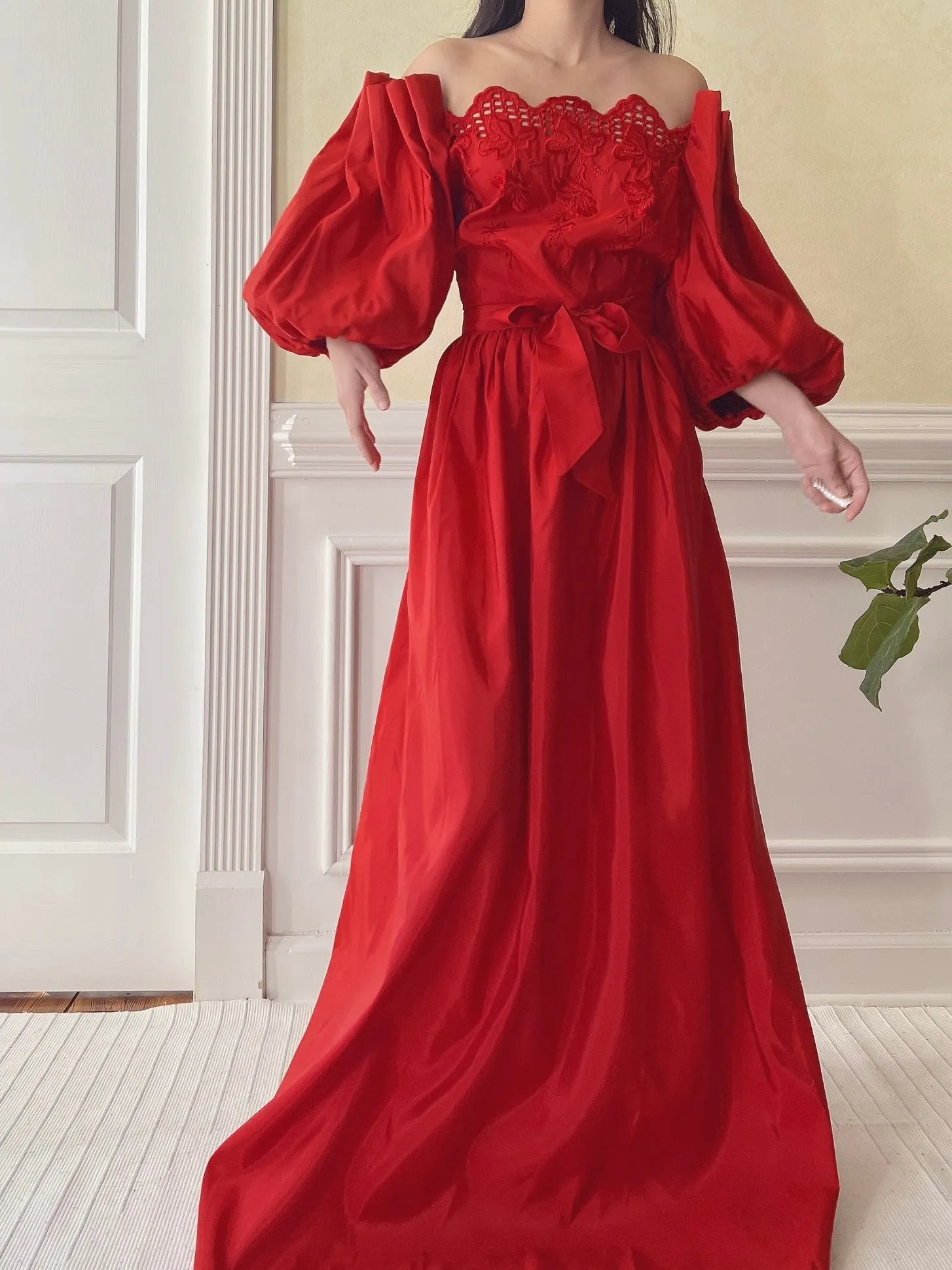 Vintage Red Taffeta Puff Sleeve Dress - S