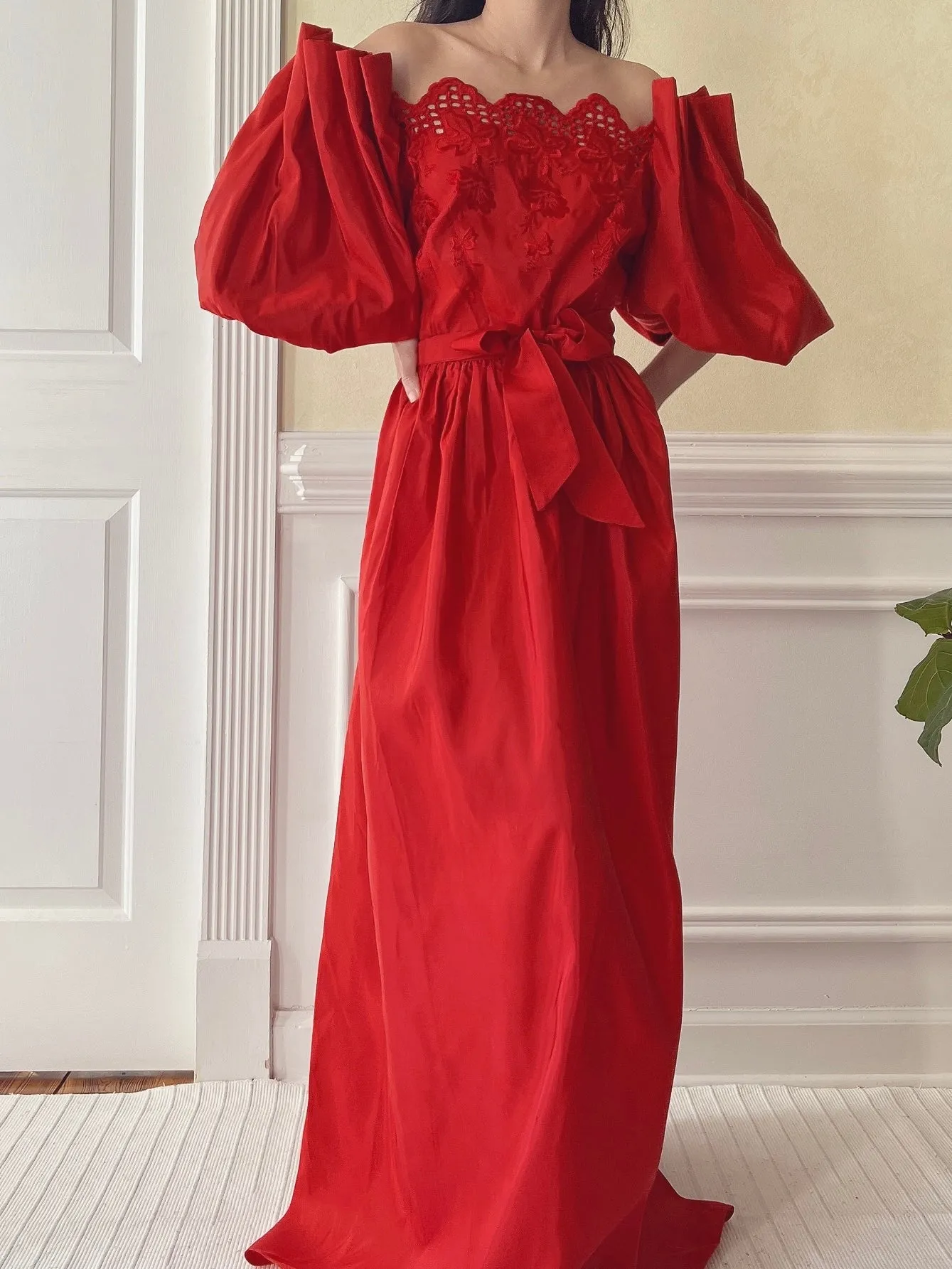 Vintage Red Taffeta Puff Sleeve Dress - S