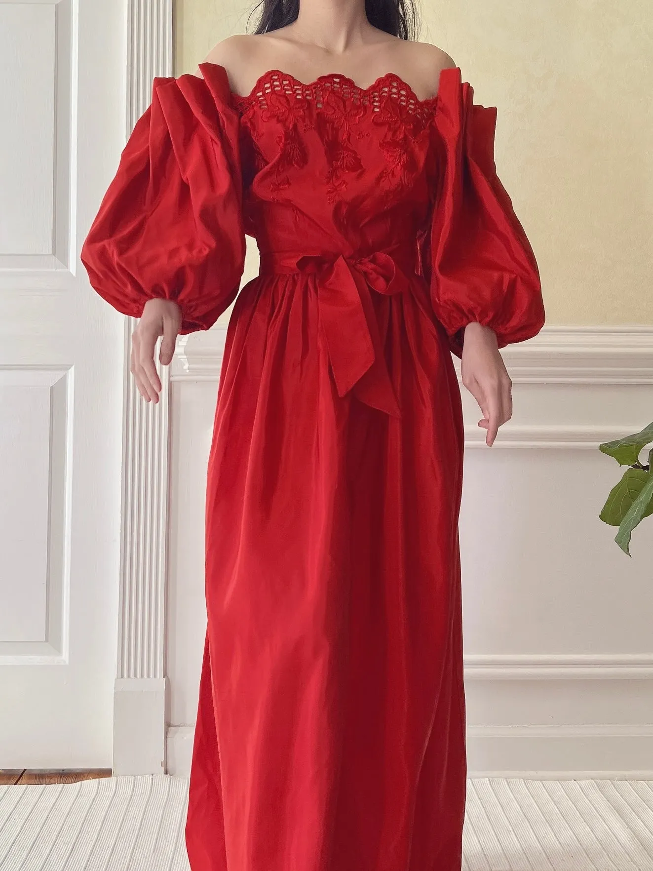 Vintage Red Taffeta Puff Sleeve Dress - S