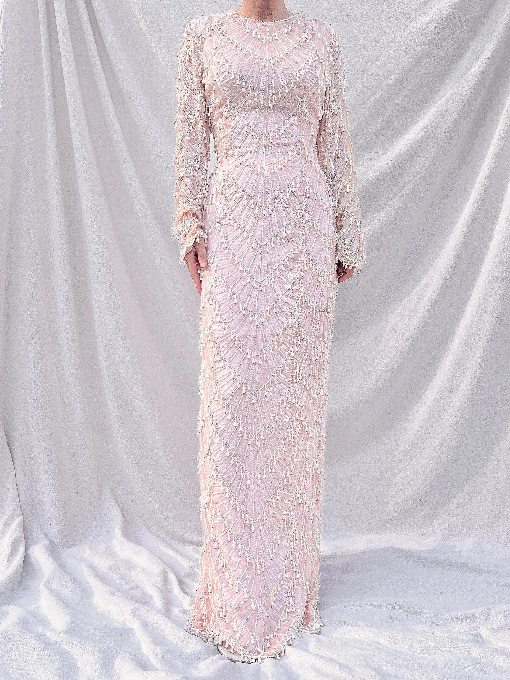 Vintage Silk Beaded Pearl Dangle Gown - M