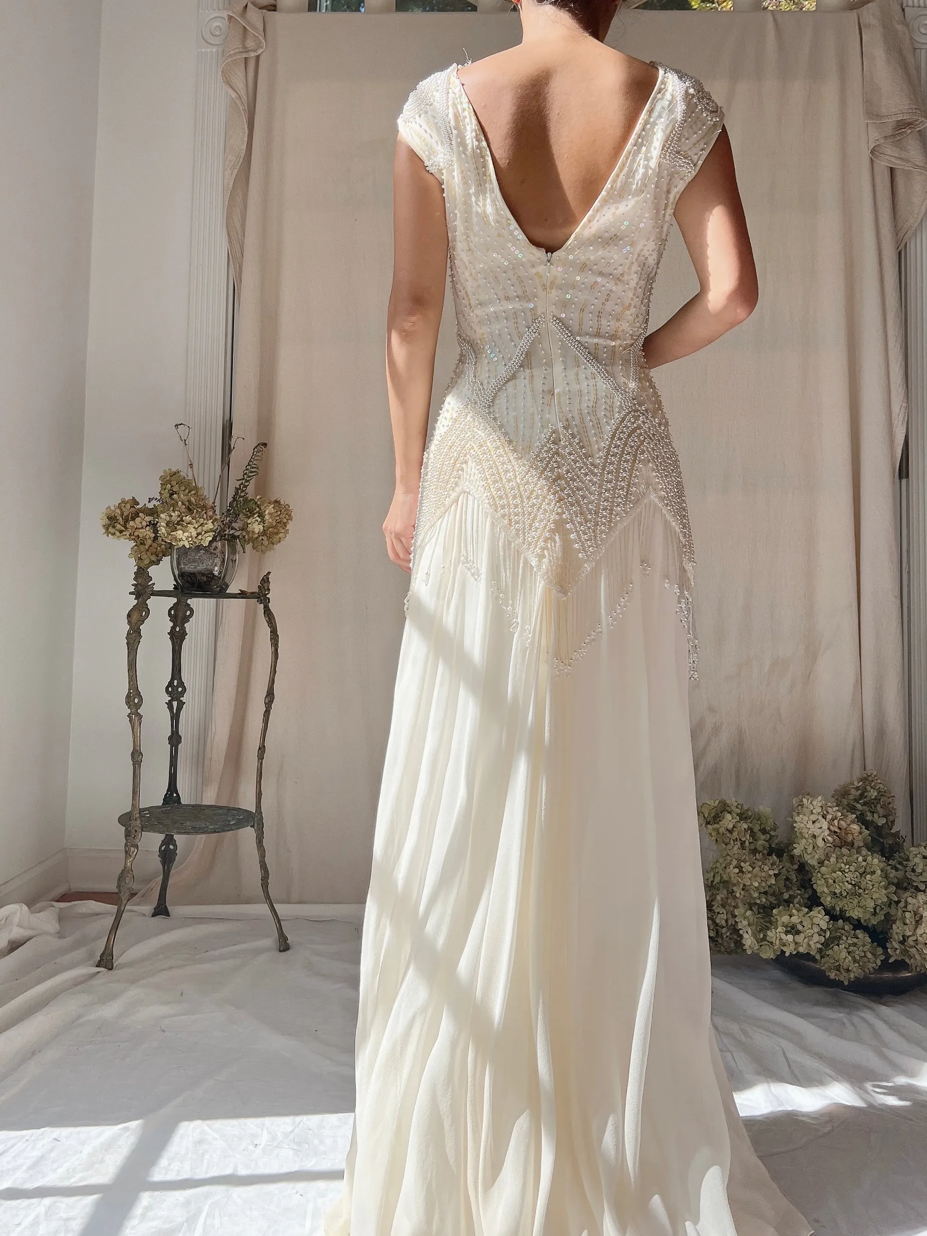 Vintage Silk Chiffon Pearl Fringe Dress - M(US 6/8)