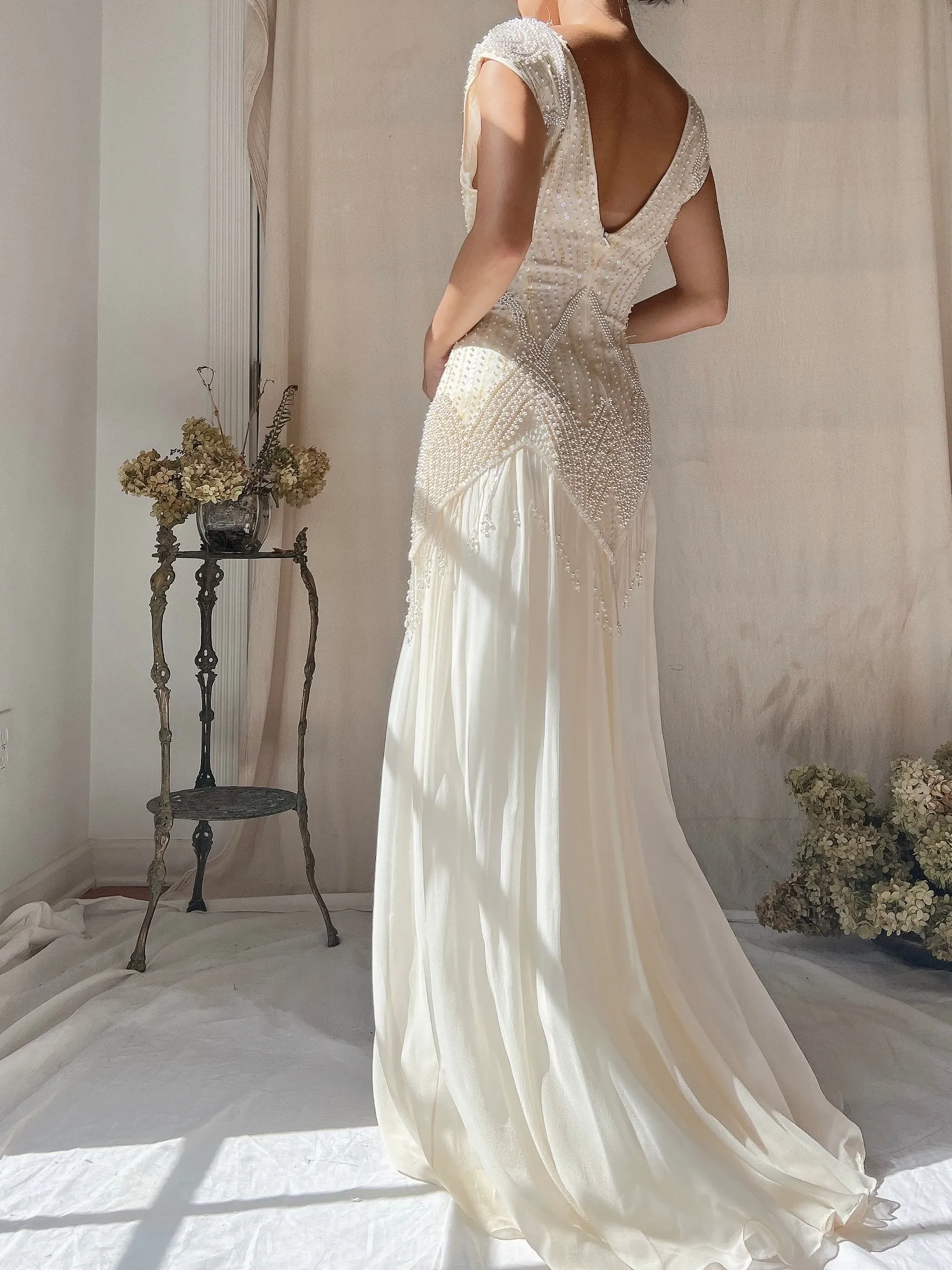 Vintage Silk Chiffon Pearl Fringe Dress - M(US 6/8)