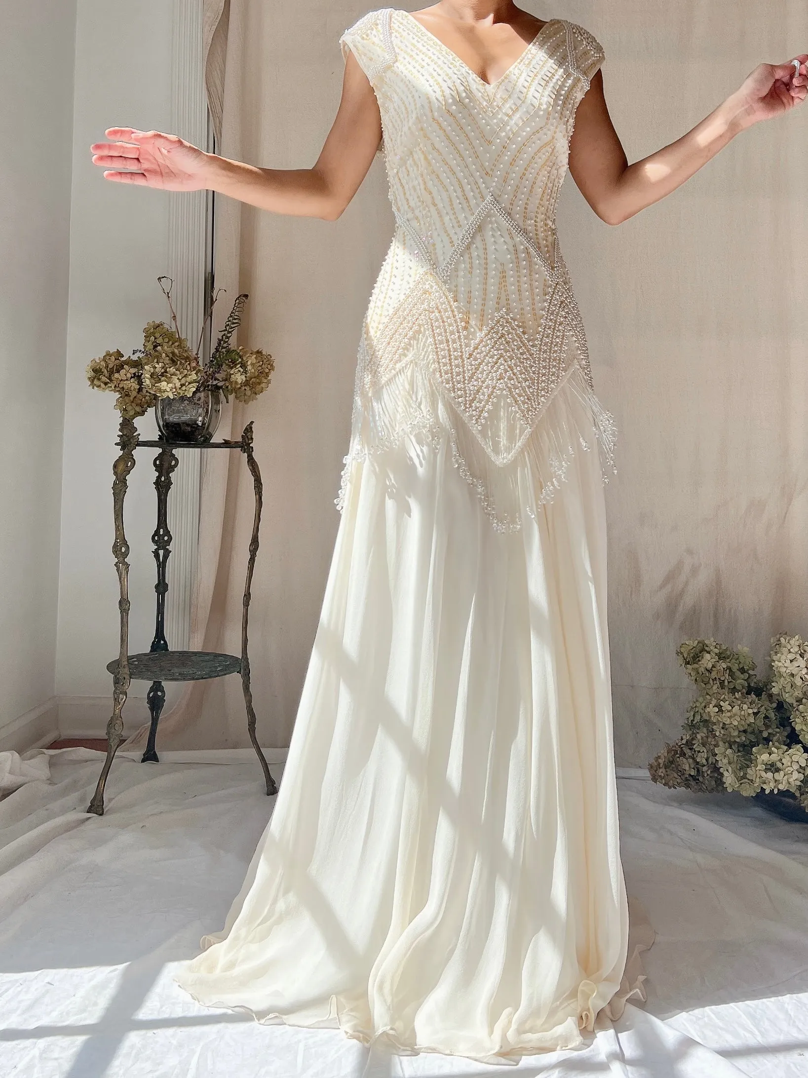 Vintage Silk Chiffon Pearl Fringe Dress - M(US 6/8)
