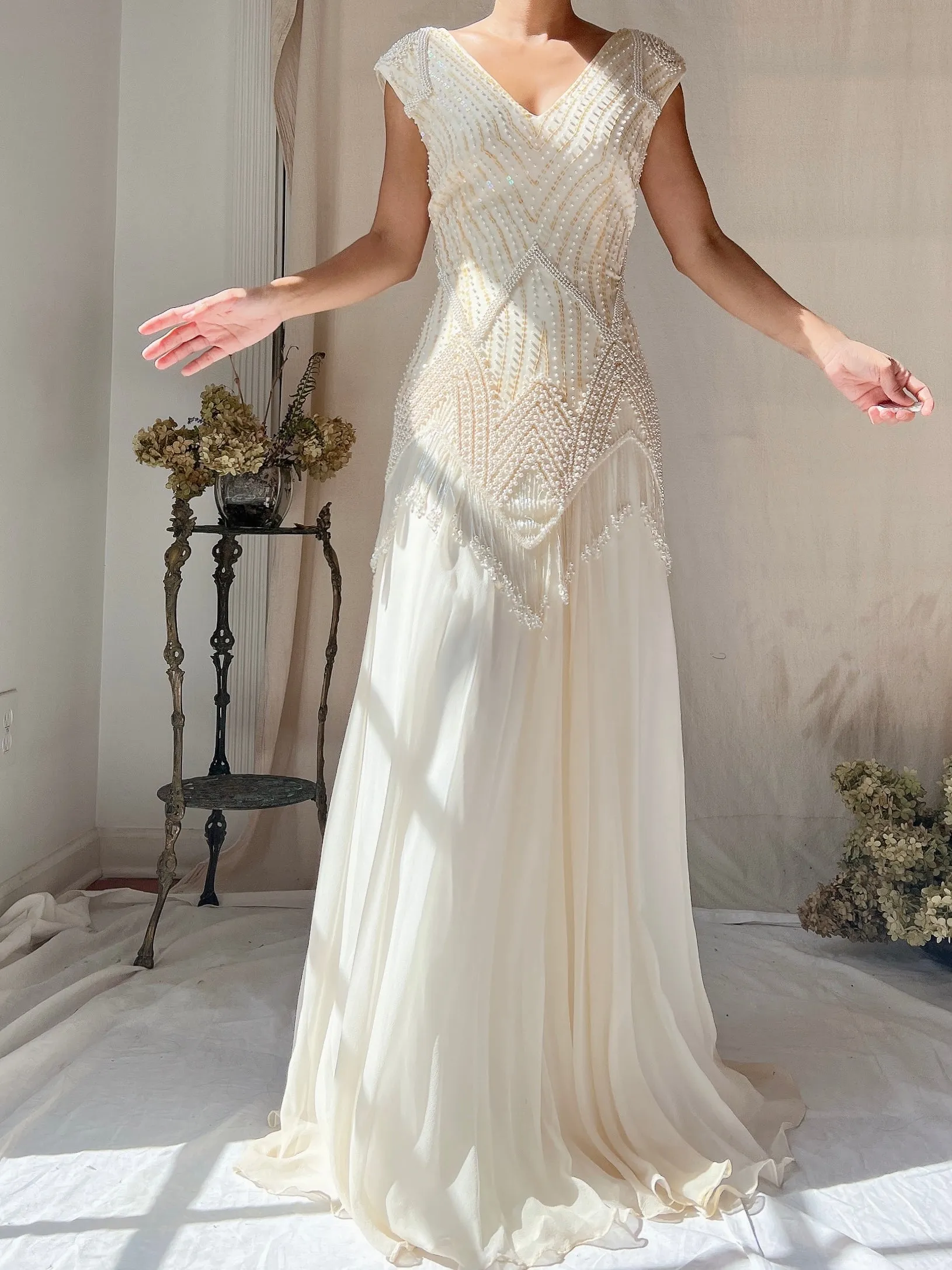 Vintage Silk Chiffon Pearl Fringe Dress - M(US 6/8)