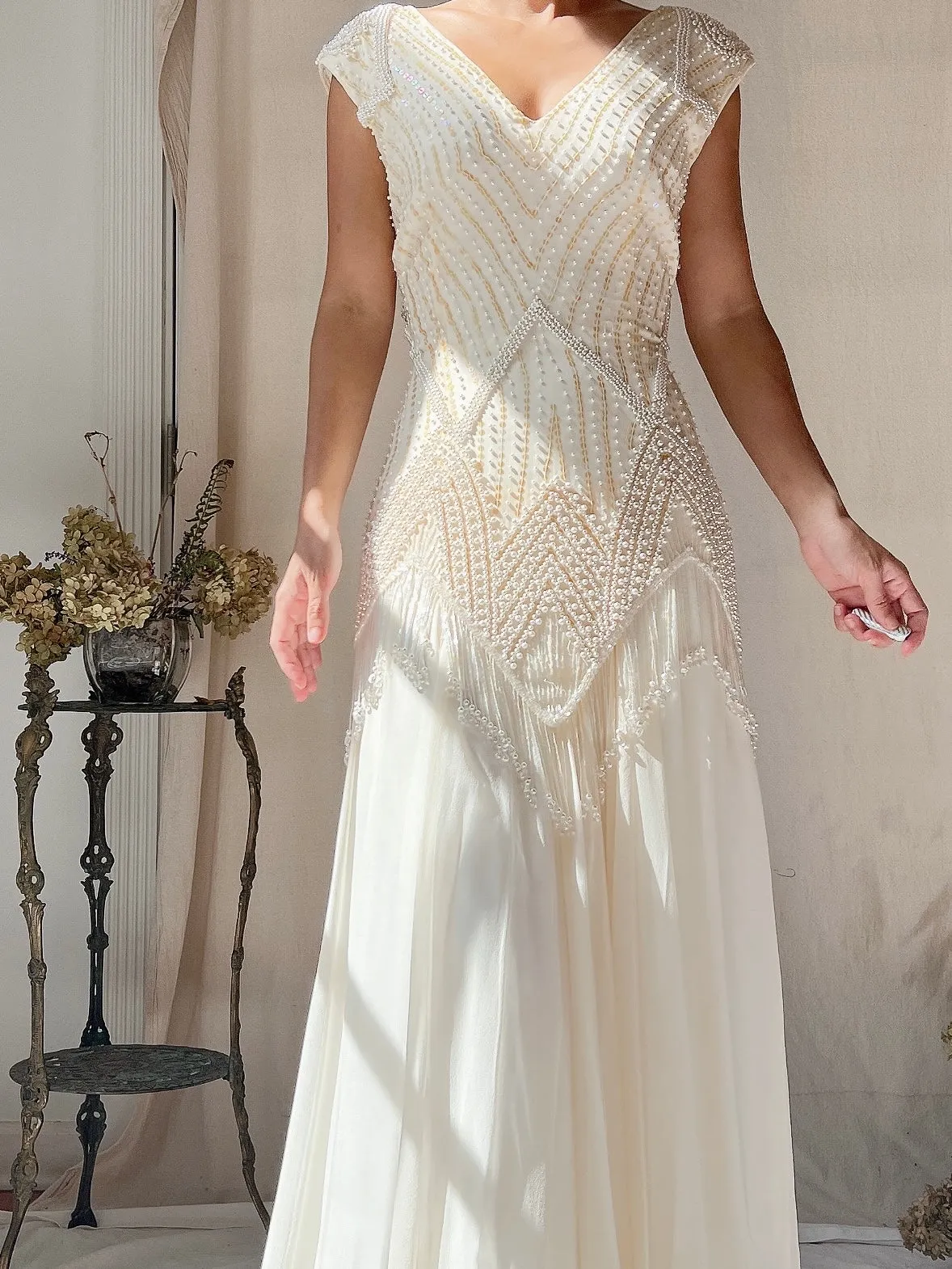 Vintage Silk Chiffon Pearl Fringe Dress - M(US 6/8)
