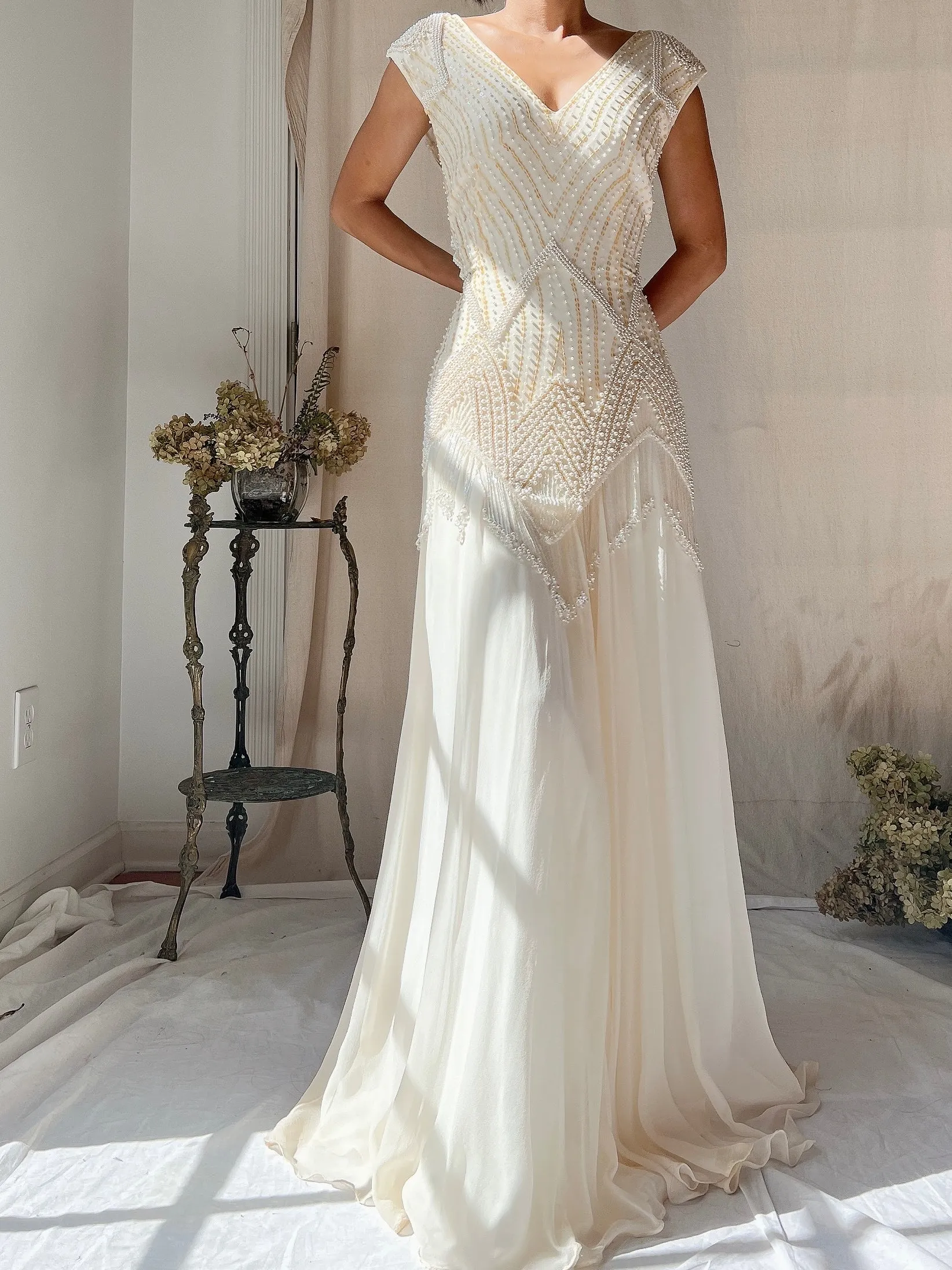 Vintage Silk Chiffon Pearl Fringe Dress - M(US 6/8)