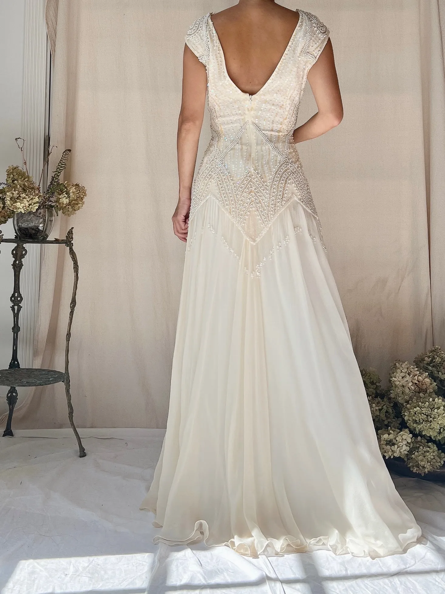 Vintage Silk Chiffon Pearl Fringe Dress - M(US 6/8)
