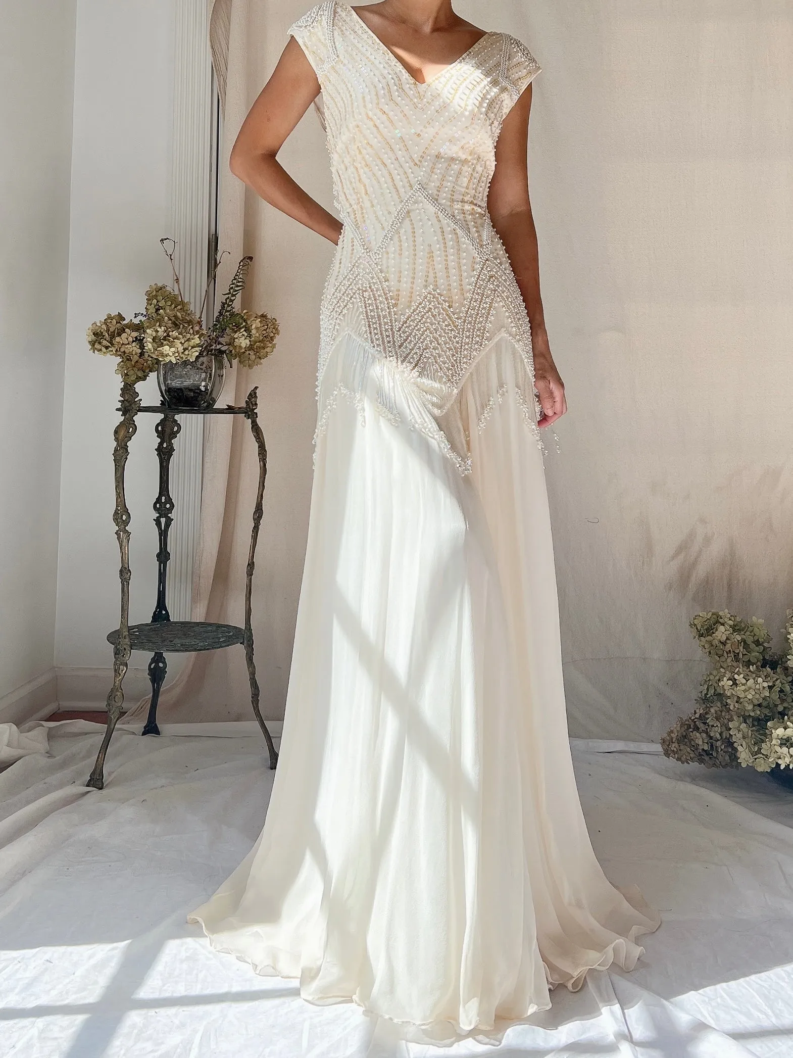 Vintage Silk Chiffon Pearl Fringe Dress - M(US 6/8)