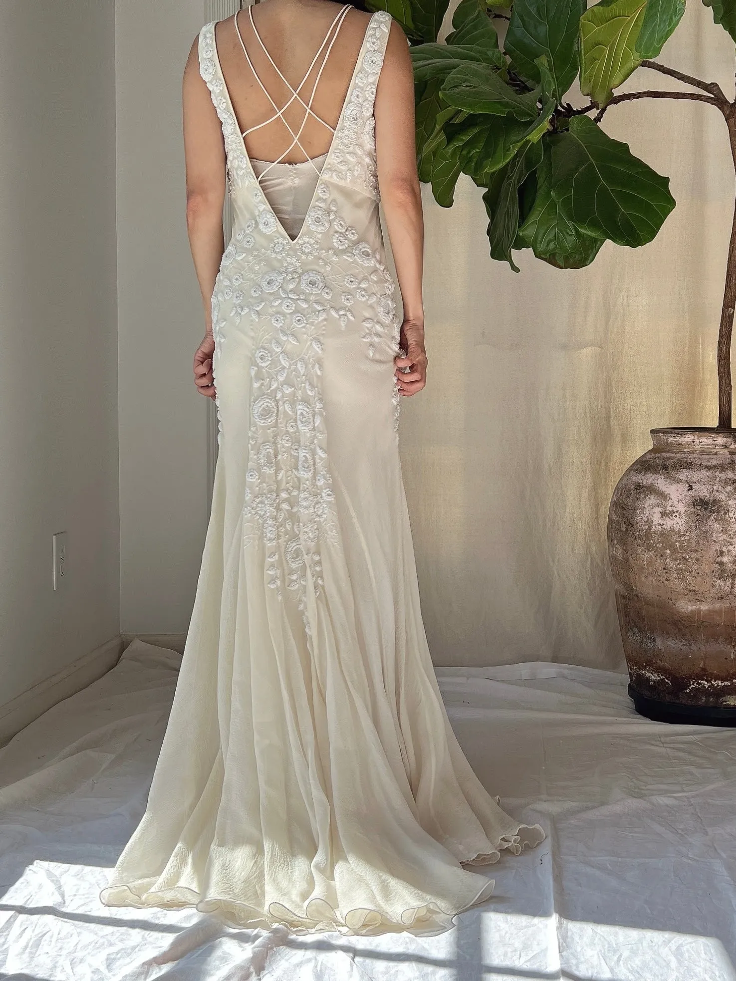 Vintage Silk Embroidered Bias Cut Gown - S/M