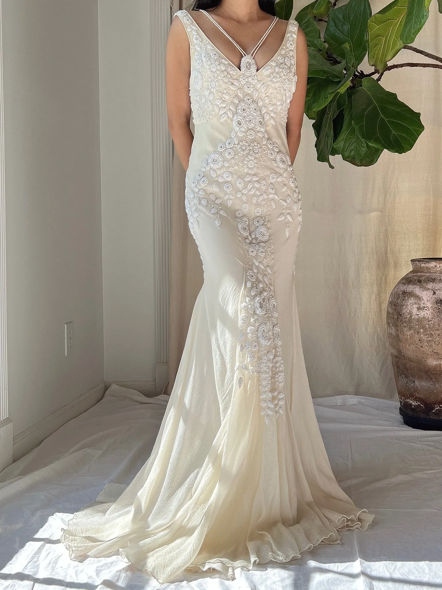 Vintage Silk Embroidered Bias Cut Gown - S/M