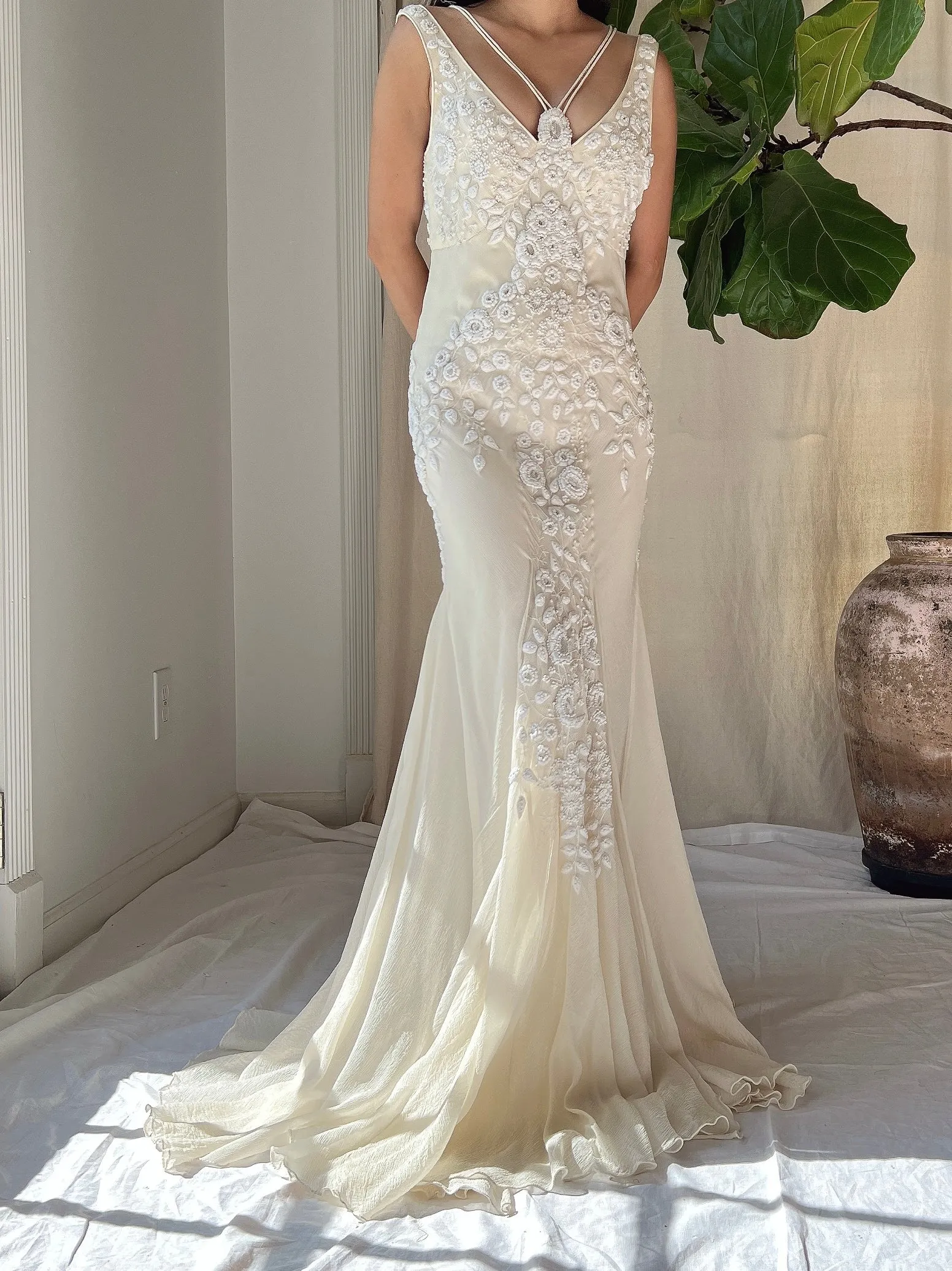 Vintage Silk Embroidered Bias Cut Gown - S/M