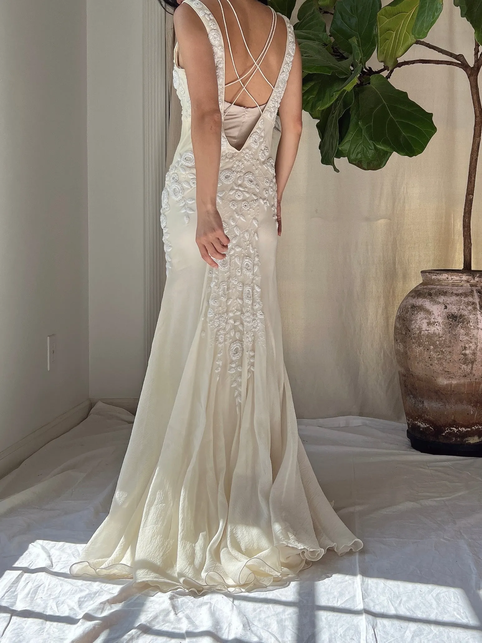 Vintage Silk Embroidered Bias Cut Gown - S/M