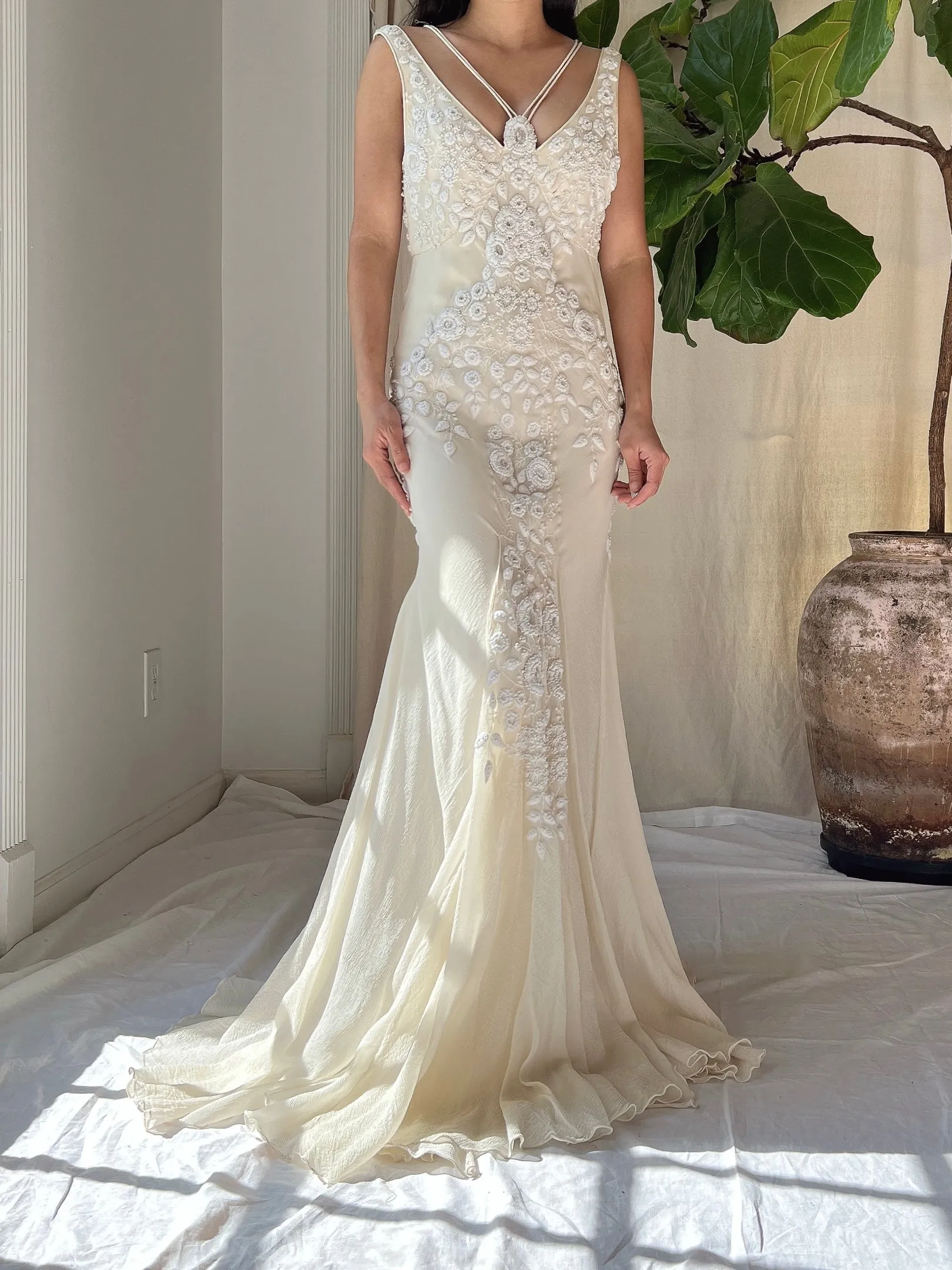 Vintage Silk Embroidered Bias Cut Gown - S/M