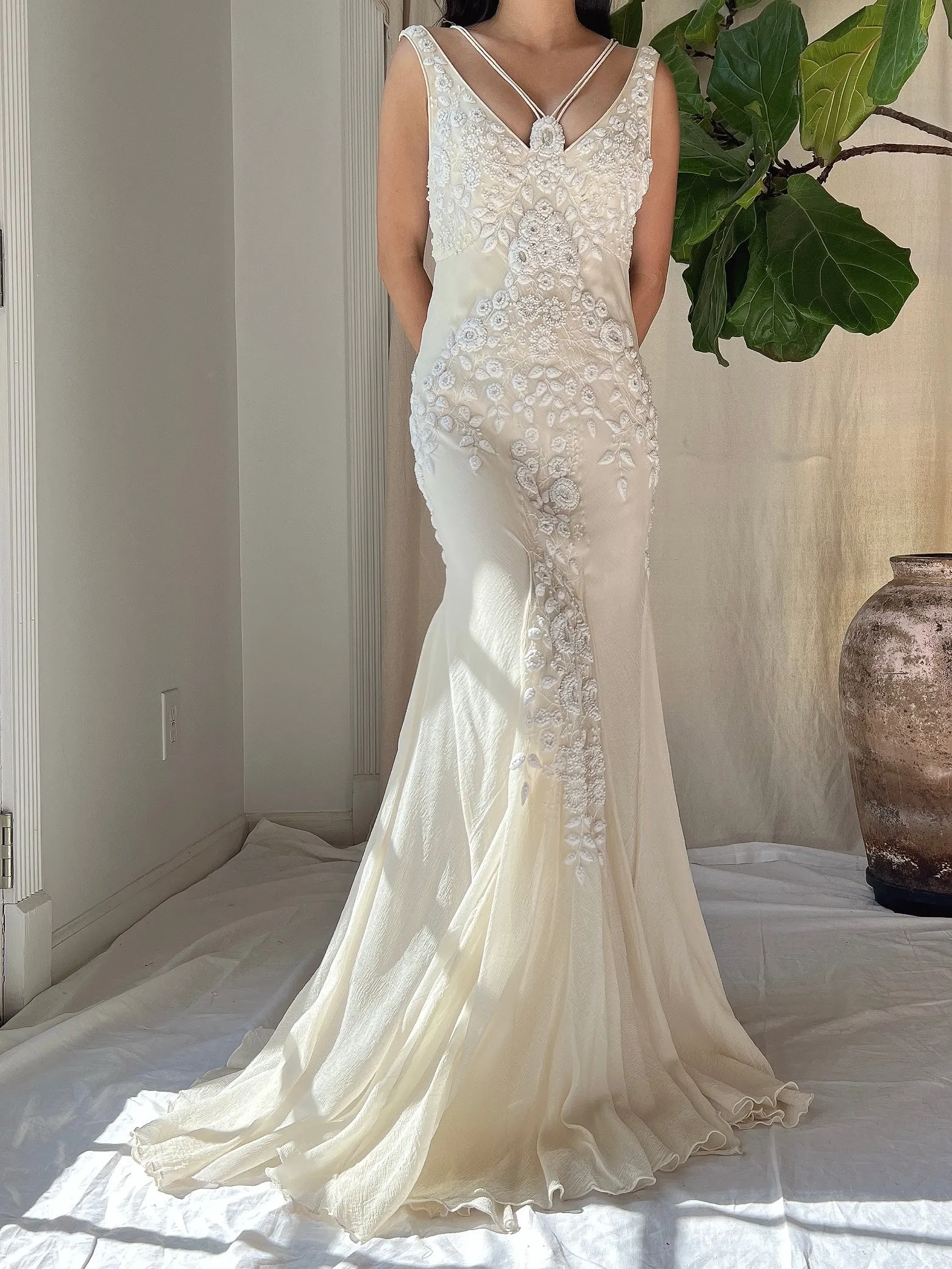 Vintage Silk Embroidered Bias Cut Gown - S/M