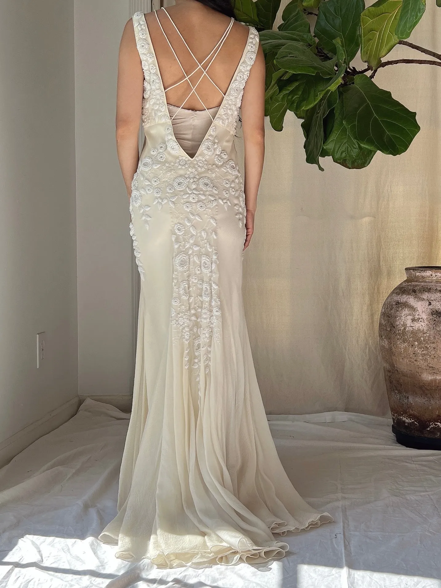 Vintage Silk Embroidered Bias Cut Gown - S/M