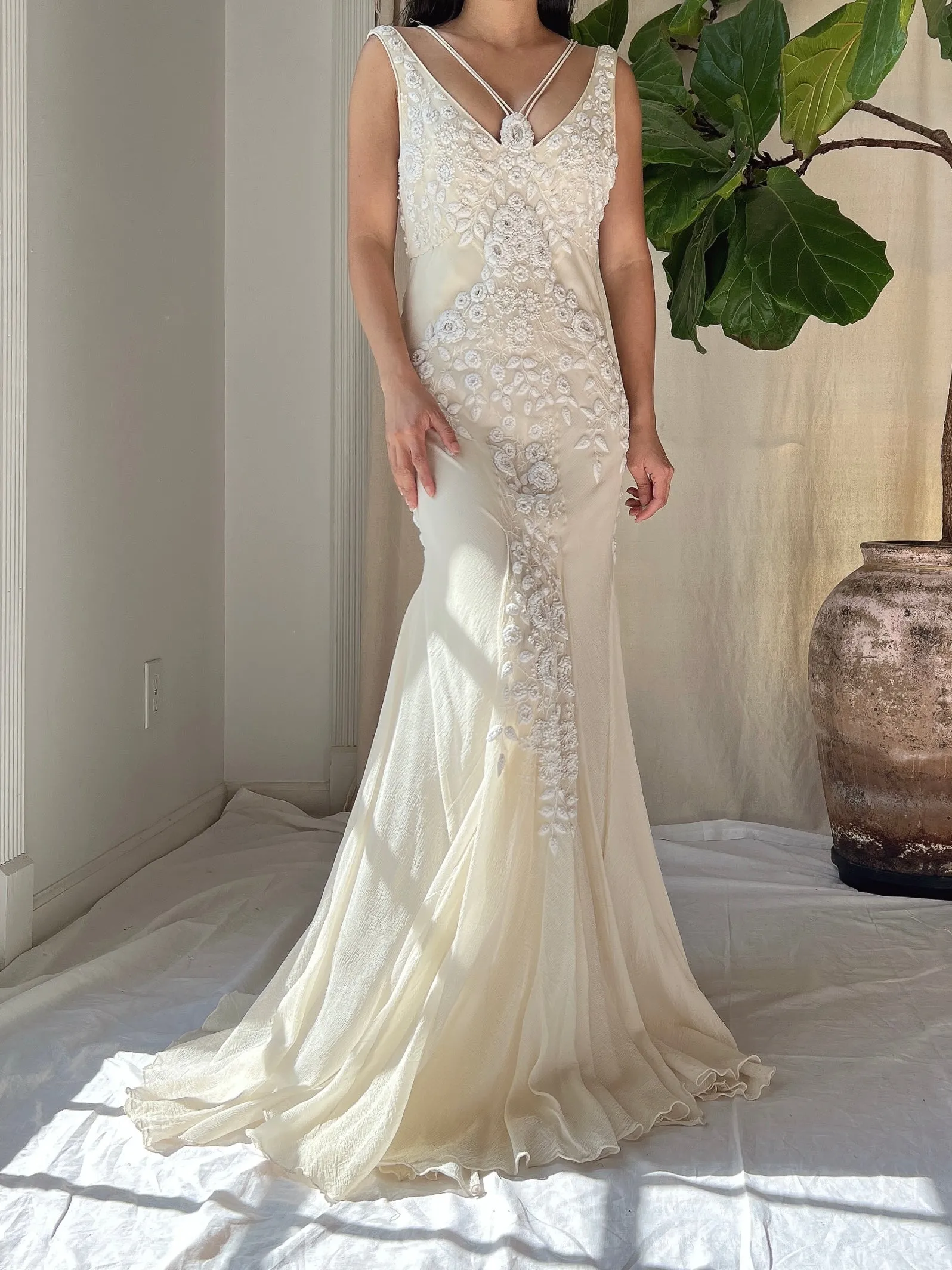Vintage Silk Embroidered Bias Cut Gown - S/M