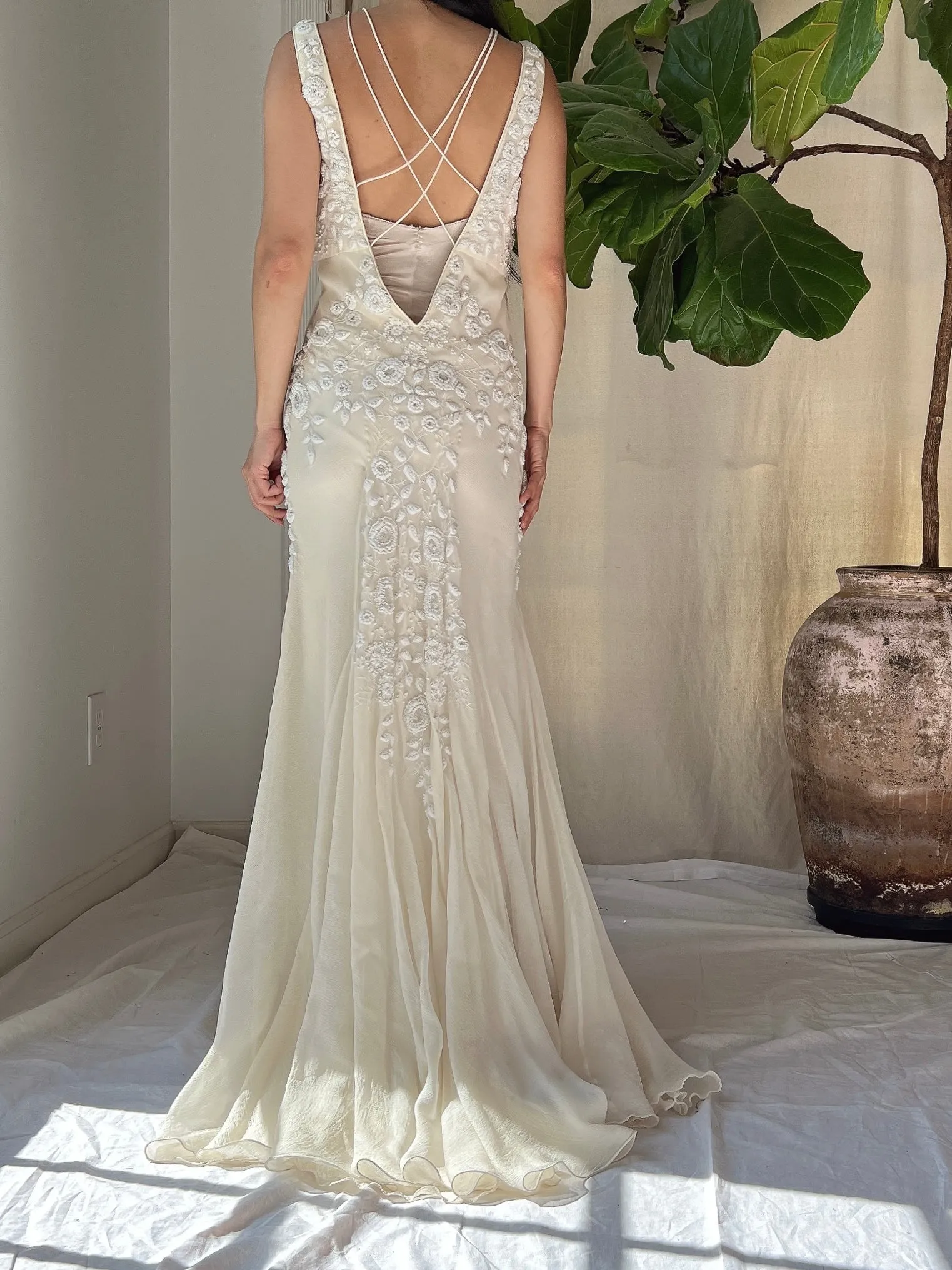 Vintage Silk Embroidered Bias Cut Gown - S/M
