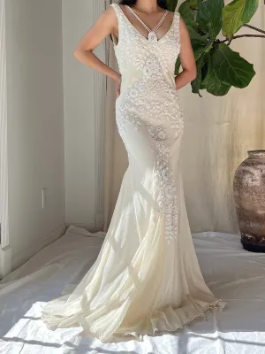 Vintage Silk Embroidered Bias Cut Gown - S/M