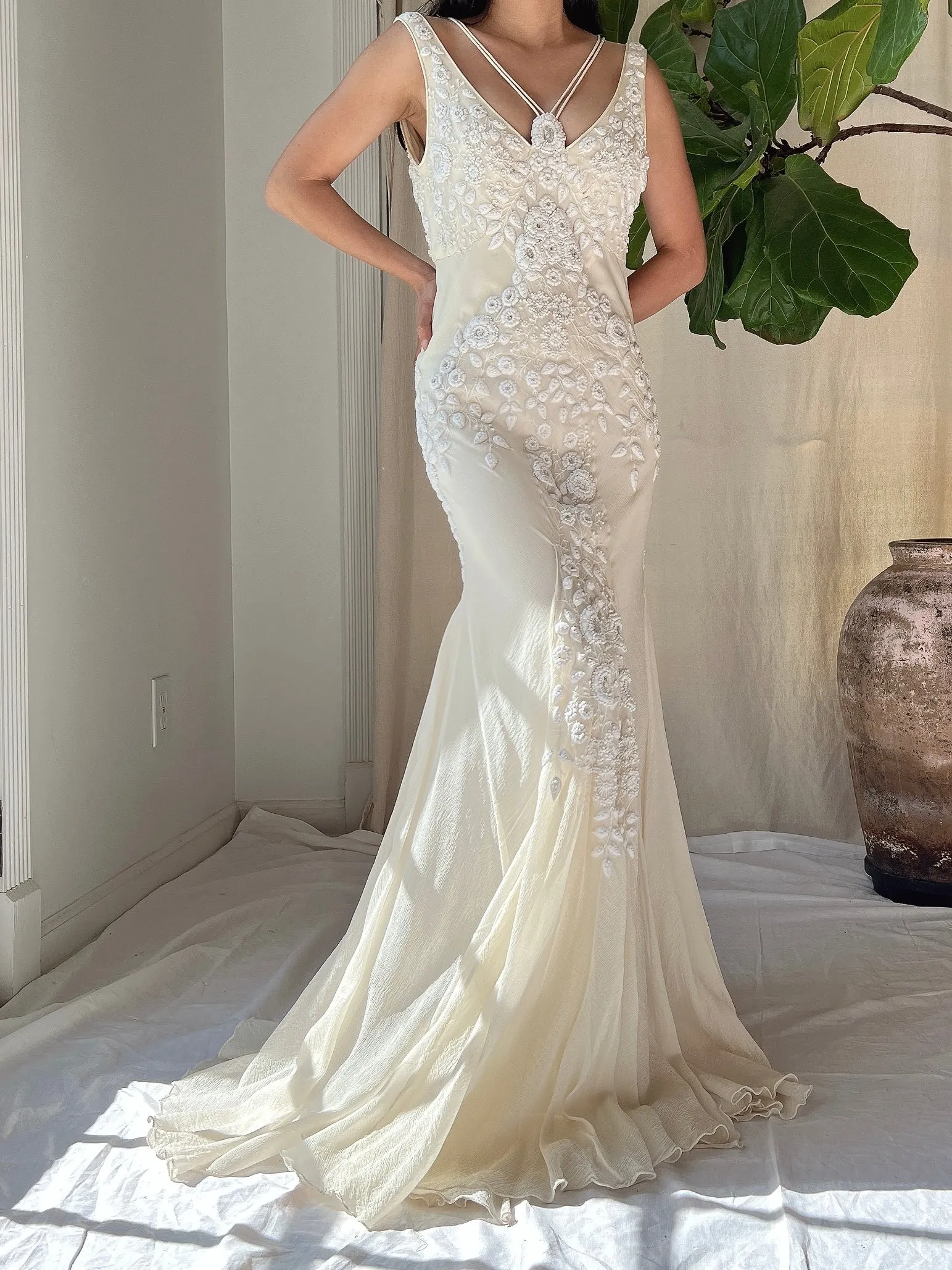 Vintage Silk Embroidered Bias Cut Gown - S/M