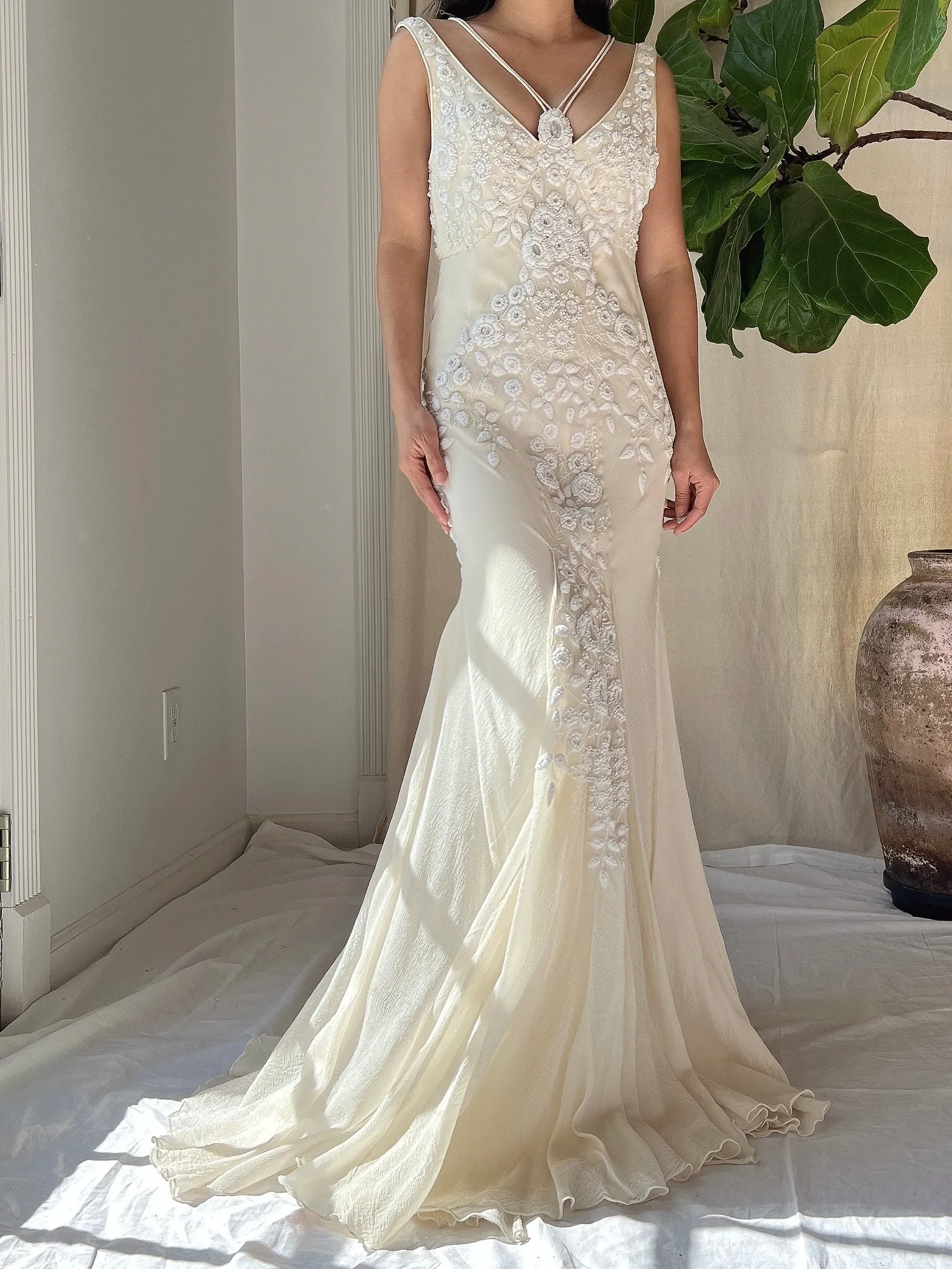 Vintage Silk Embroidered Bias Cut Gown - S/M