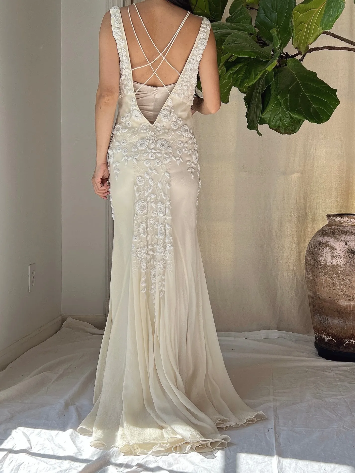 Vintage Silk Embroidered Bias Cut Gown - S/M
