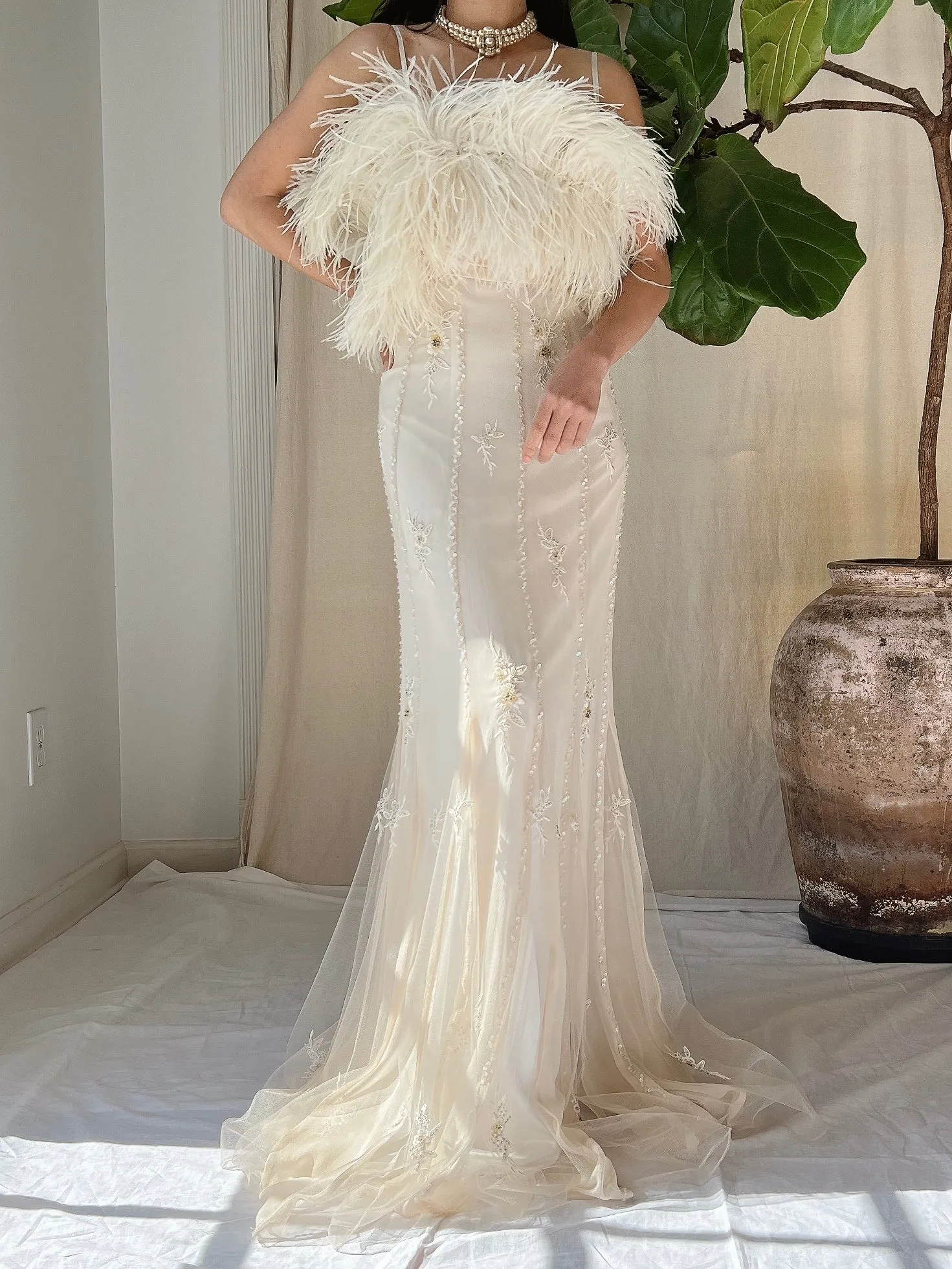 Vintage Silk Feather Dress - S/M
