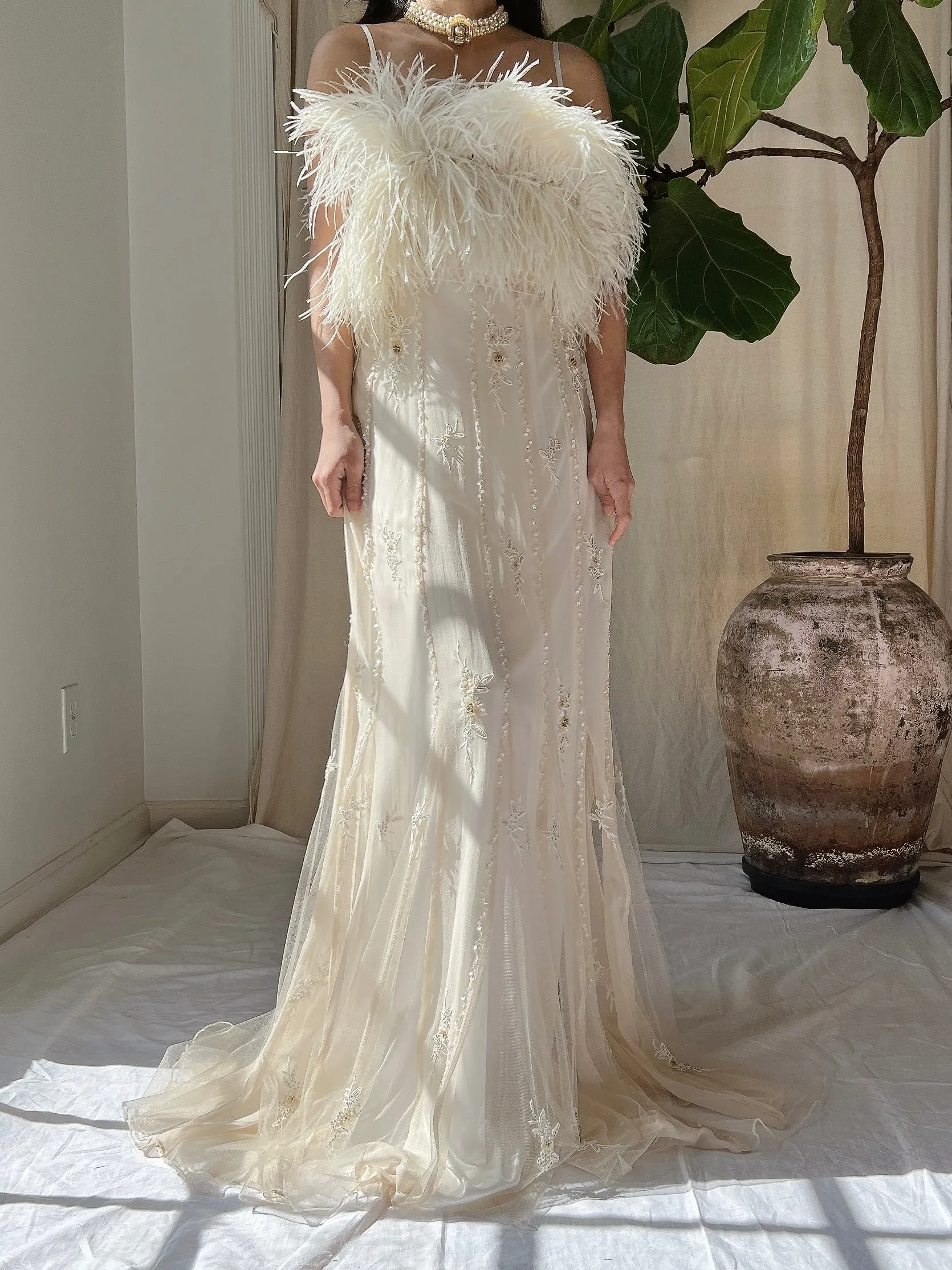 Vintage Silk Feather Dress - S/M