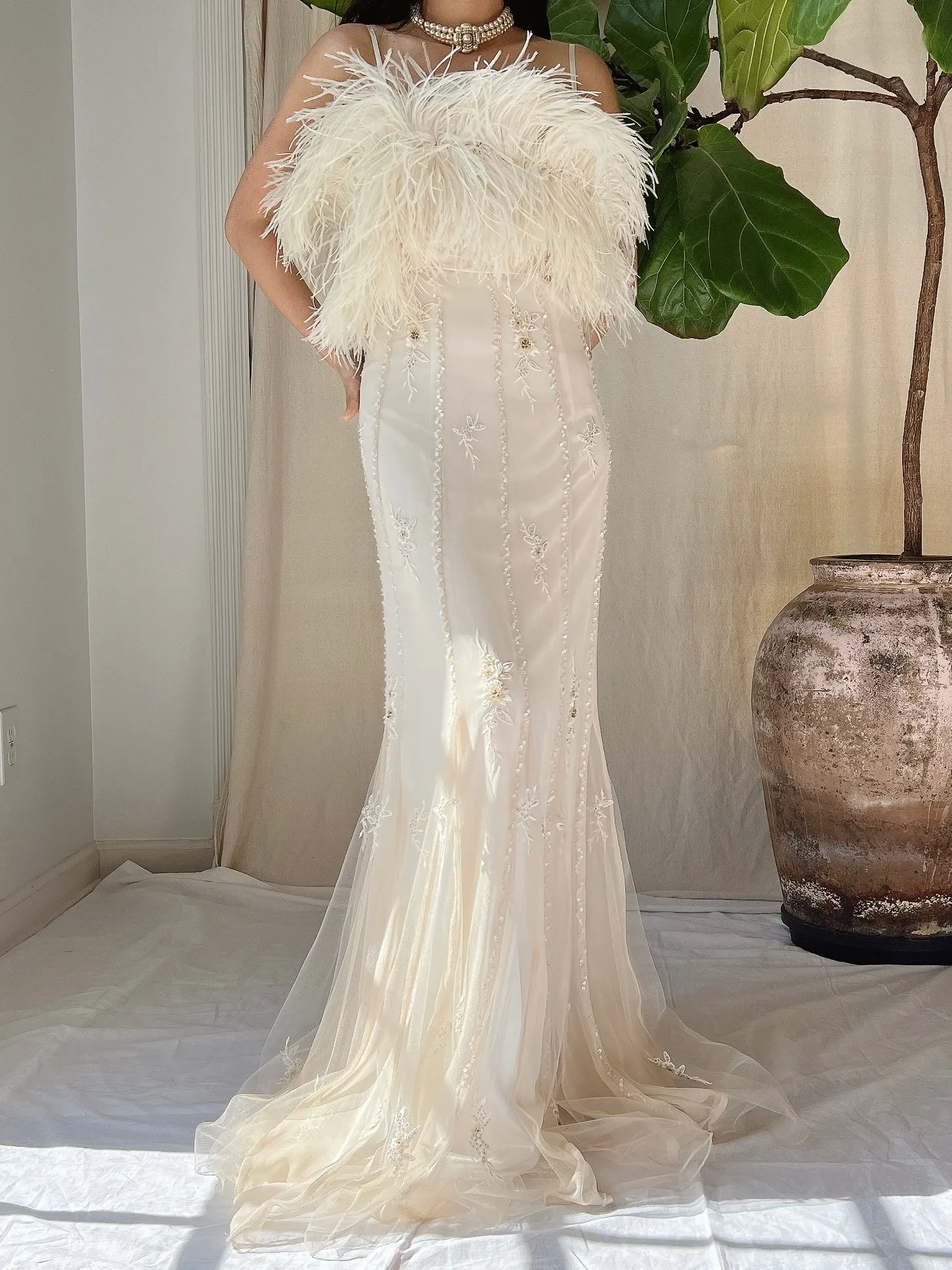 Vintage Silk Feather Dress - S/M