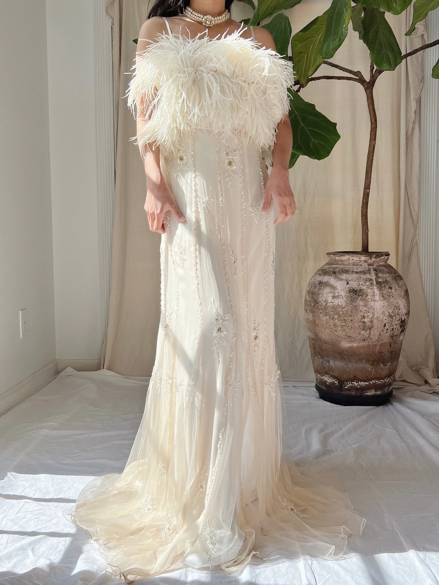 Vintage Silk Feather Dress - S/M