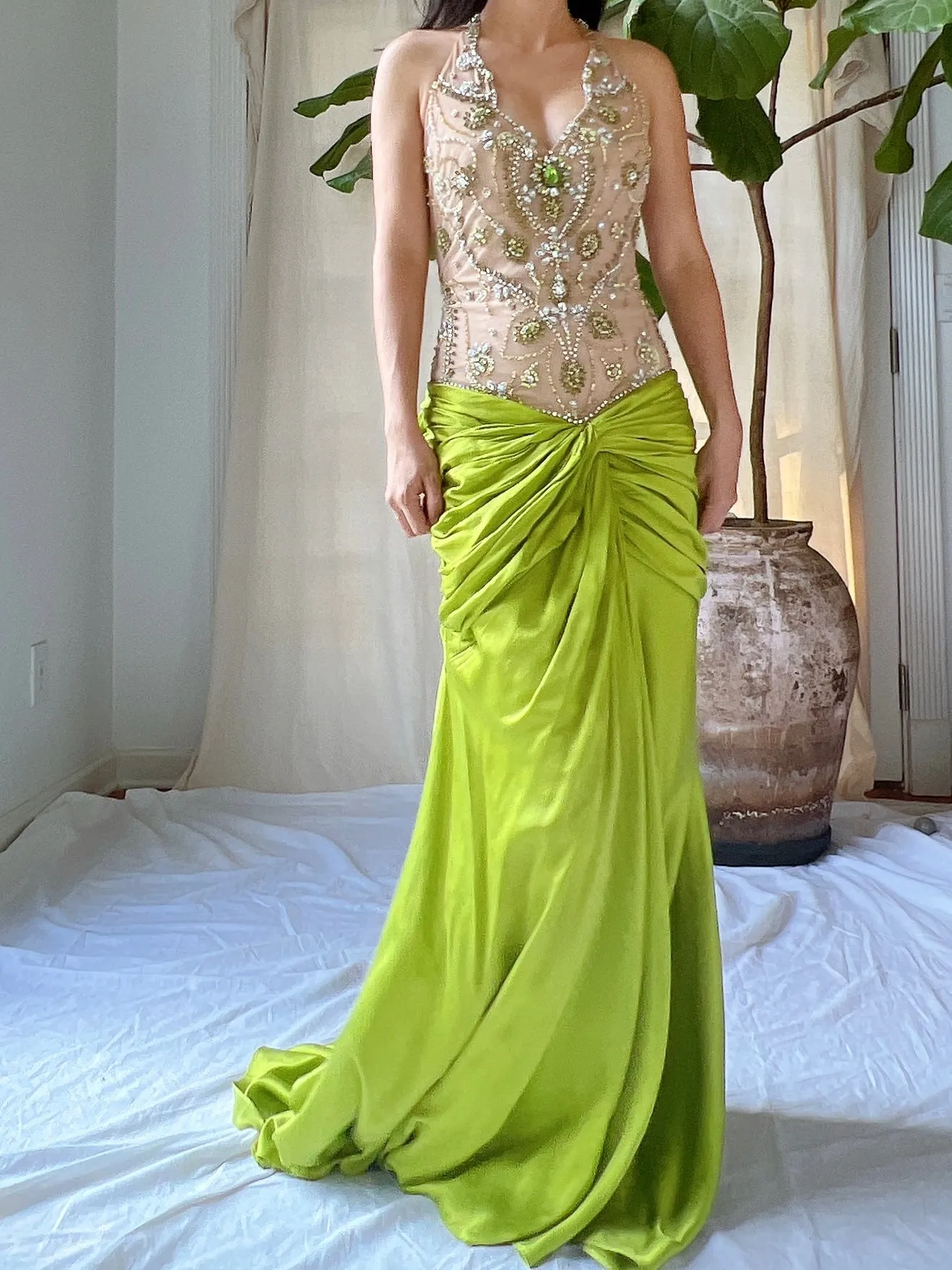 Vintage Silk Illusion Chartreuse Gown - M/8