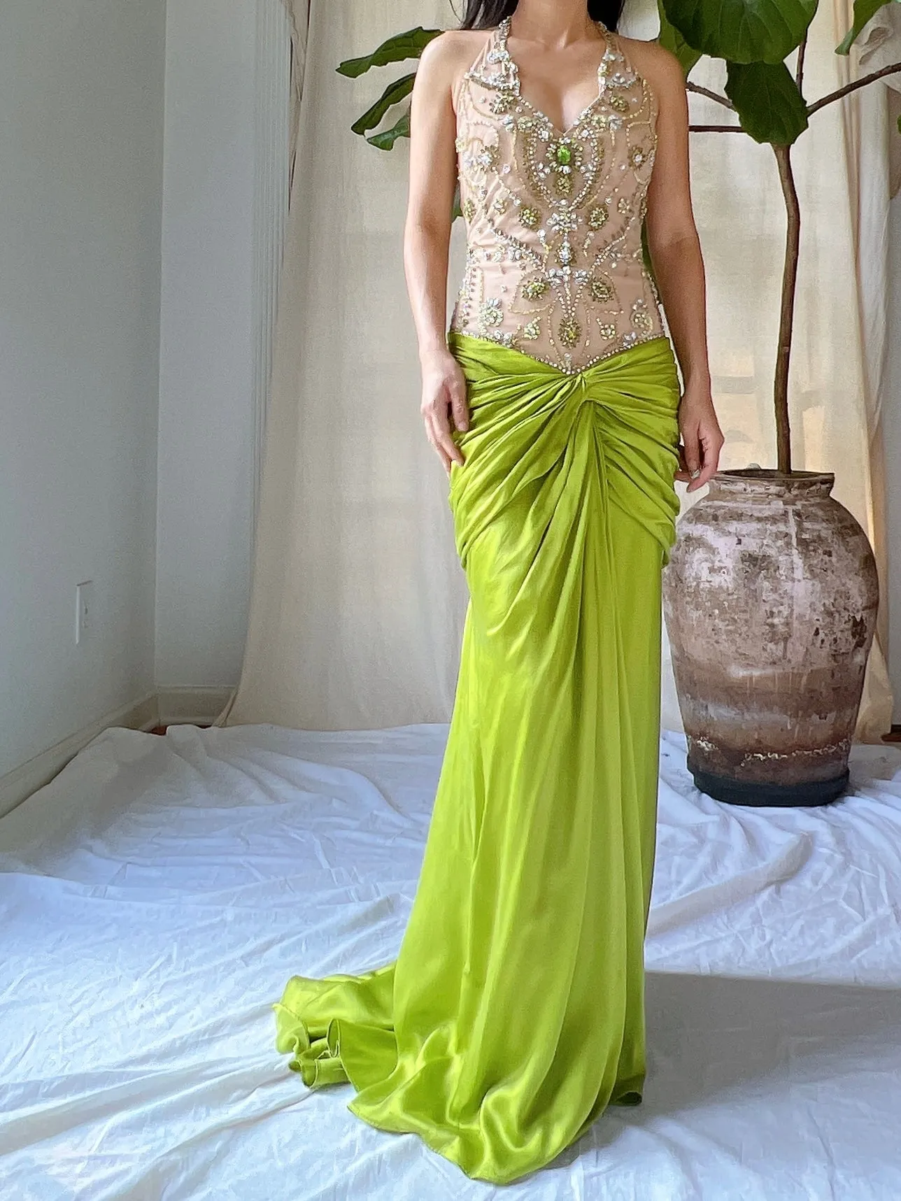 Vintage Silk Illusion Chartreuse Gown - M/8