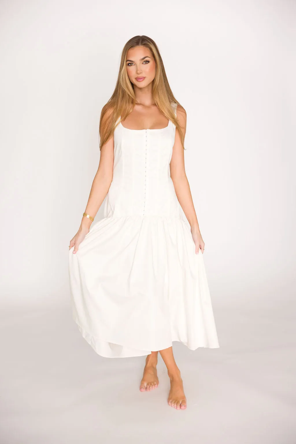 Violet Corset Style Drop Waist Midi Dress in Off-White