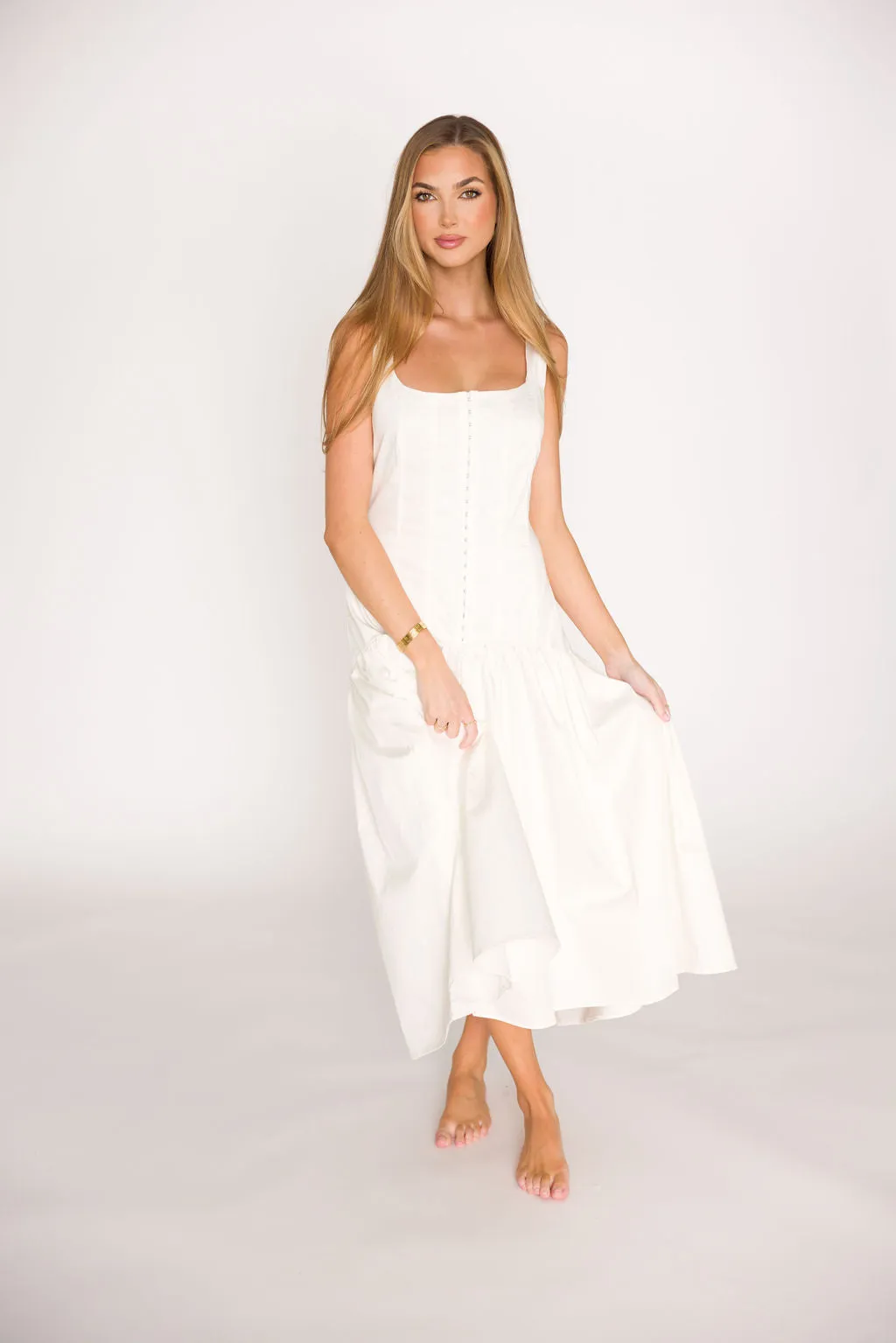 Violet Corset Style Drop Waist Midi Dress in Off-White