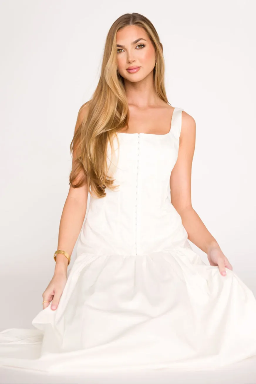 Violet Corset Style Drop Waist Midi Dress in Off-White
