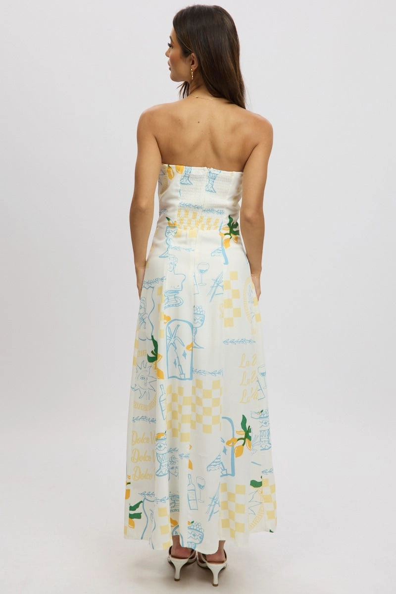 Yellow Abstract Strapless Maxi Dress