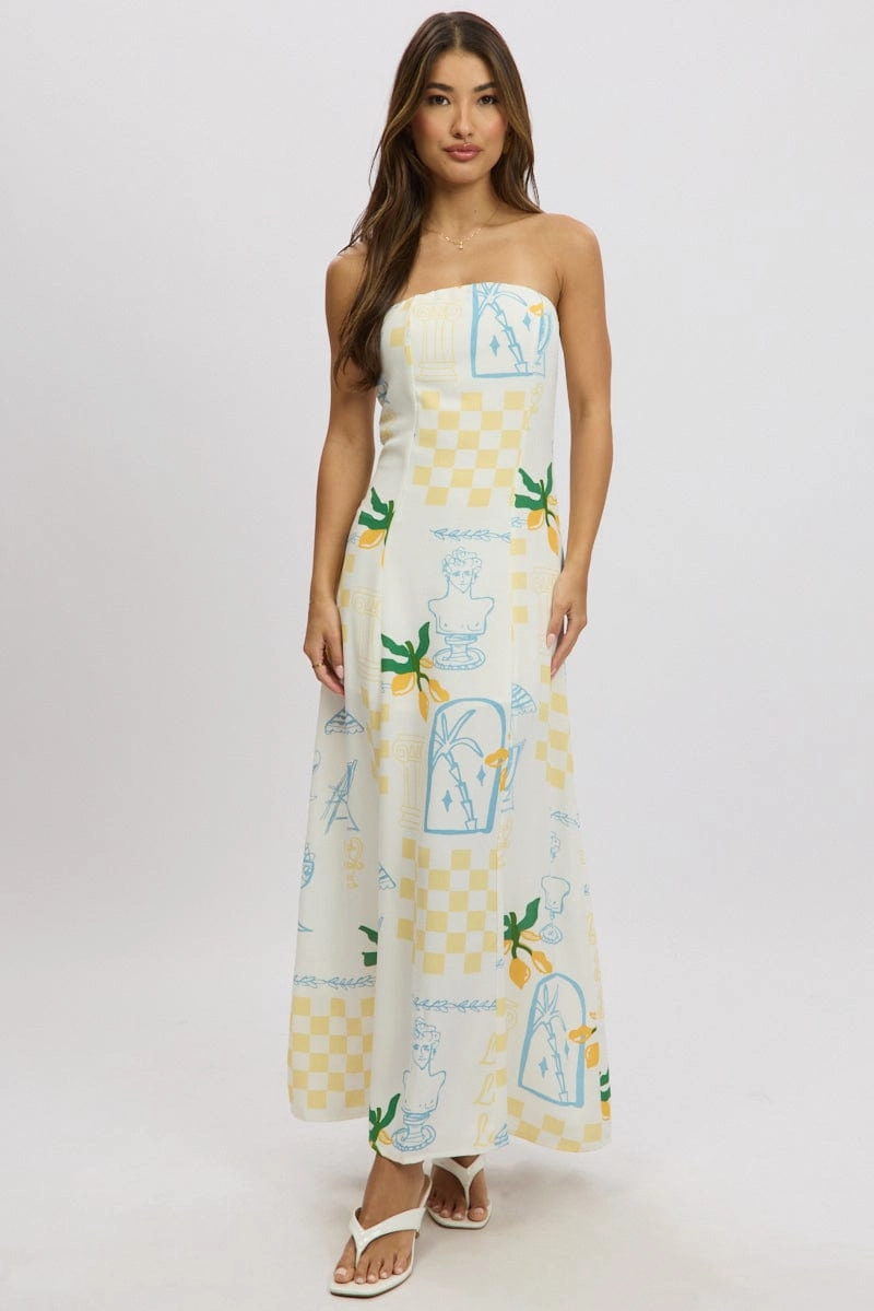 Yellow Abstract Strapless Maxi Dress